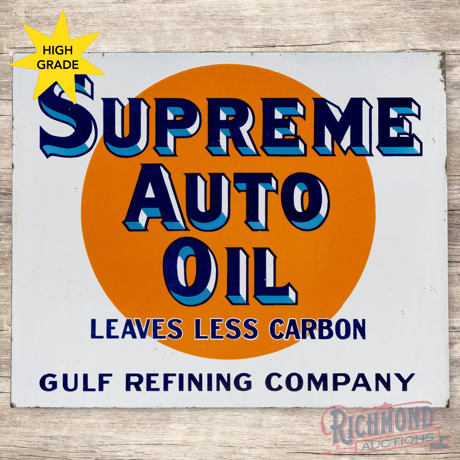 Supreme Auto Oil Gulf Refining Company Double Sided Porcelain Flange Sign: DSP (double sided porcelain) flange has excellent color and gloss. Side #1 has a clean field with chips along the outer edges. The reverse minor crazing along the upper edge with chips along the upper