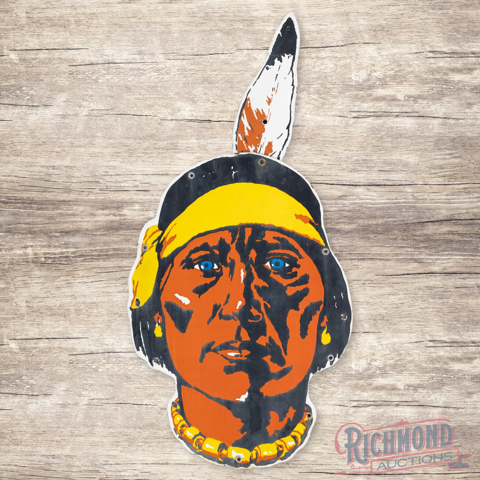 Rare Navajo Trucking Die Cut Single Sided Porcelain Sign w/ Feather: SSP (single sided porcelain) two-piece sign has good color. The display has light wear with cloudiness. The perimeter has four added mount holes along the lower edges with minor discoloration and tiny