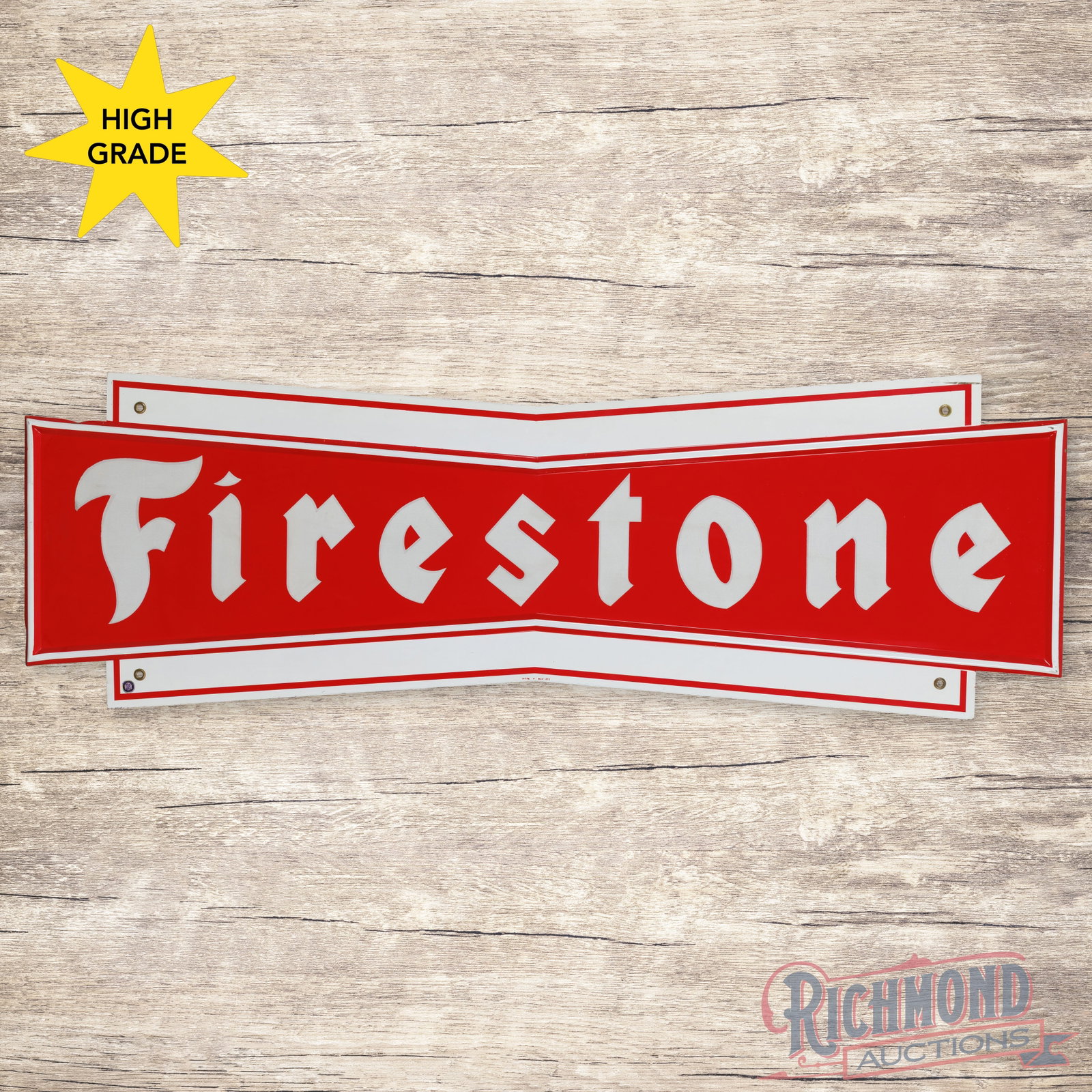 Firestone Tires 6' Single Sided Tin Sign w/ Reflective Letters: SST (single sided tin) die cut self-framed sign with reflective lettering has excellent color and shine. The field is clean with minor surface imperfections. The perimeter has a few minor paint chips 