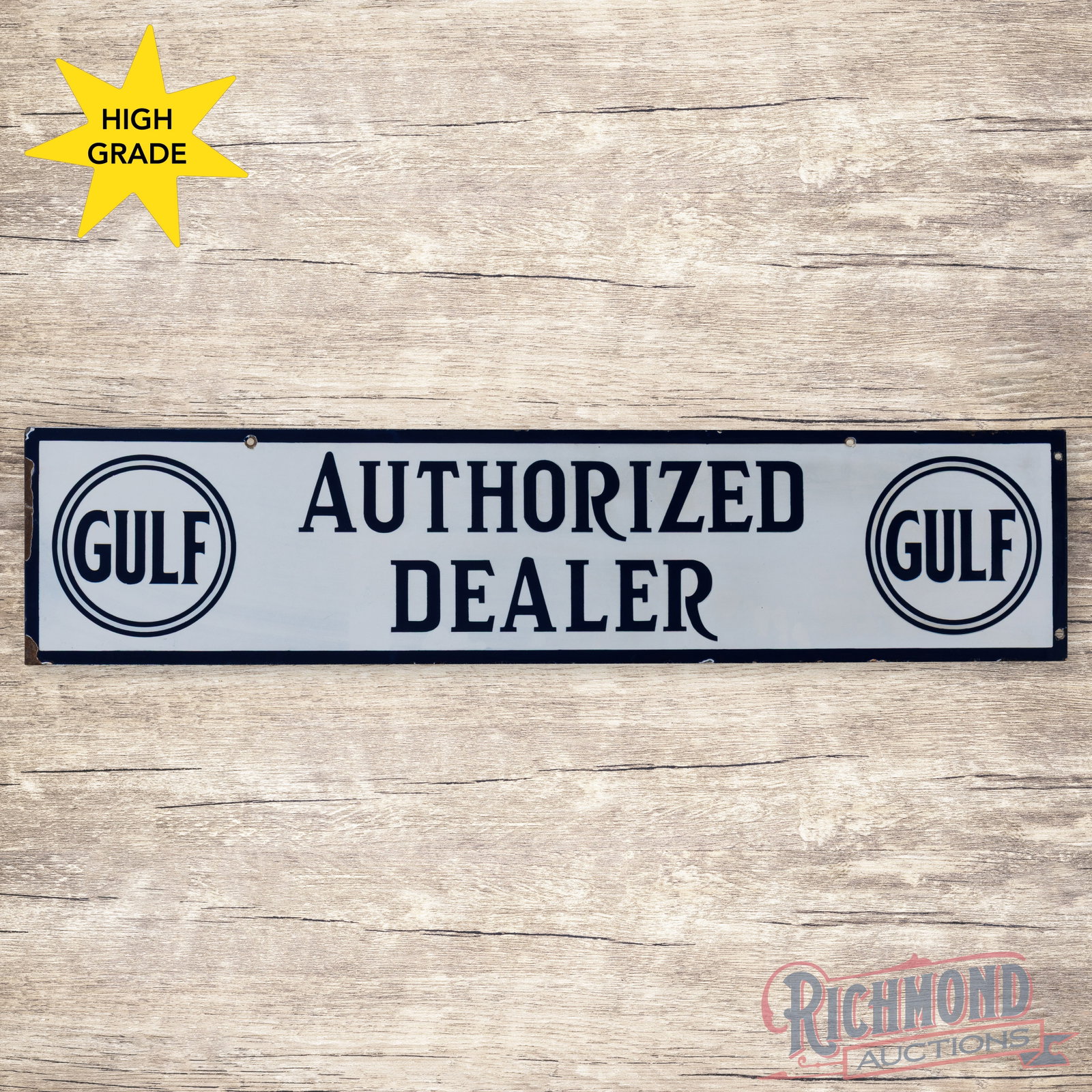 Gulf Authorized Dealer 40" Double Sided Porcelain Sign w/ Logo: DSP (double sided porcelain) sign has outstanding color and gloss. The display has a clean field with small chips along the outer edges. The reverse is in a similar condition. Overall a clean example 