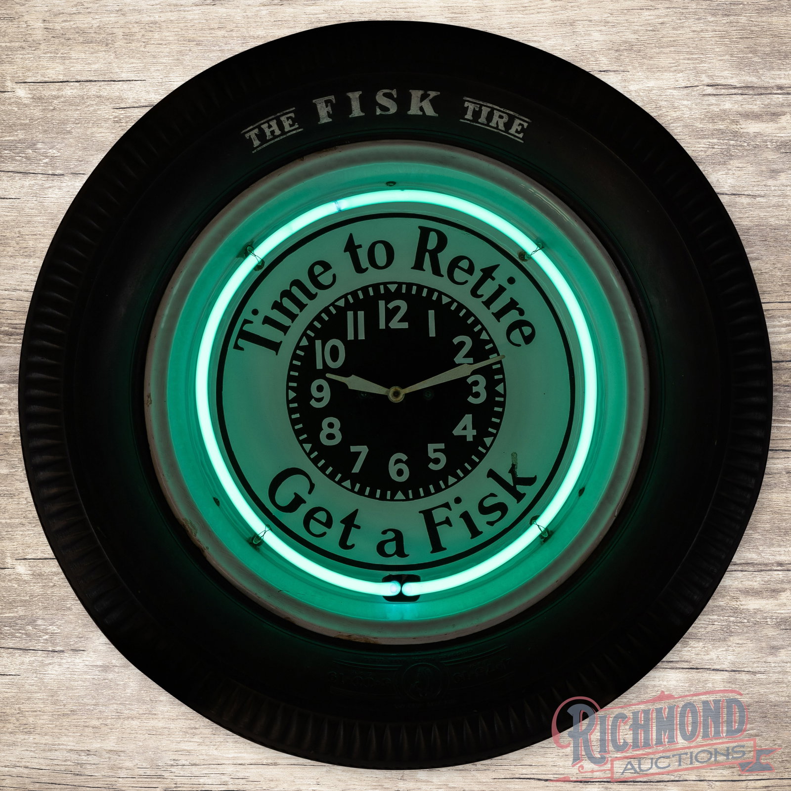 Fisk Tires Time to Retire Get a Fisk 28" Single Sided Porcelain Factory Neon Advertising Clock (1 of 4)