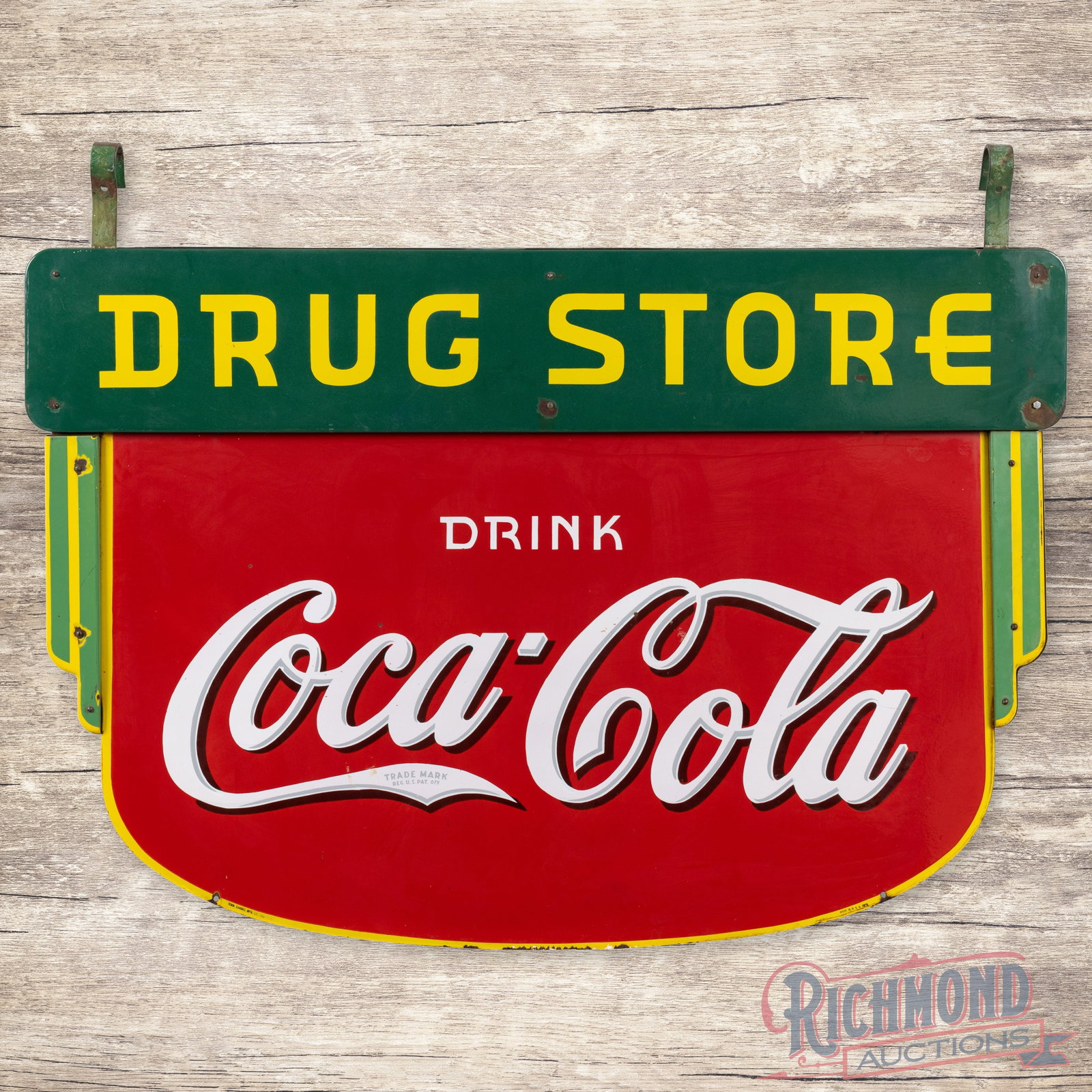 Drink Coca Cola Drug Store Double Sided Porcelain Sign: DSP (double sided porcelain) multi-piece Coke sign has very good color and gloss. Side #1 has tiny chips and light wear in the fields and edges. The upper "Drug Store" panel has a chip under the "R" w
