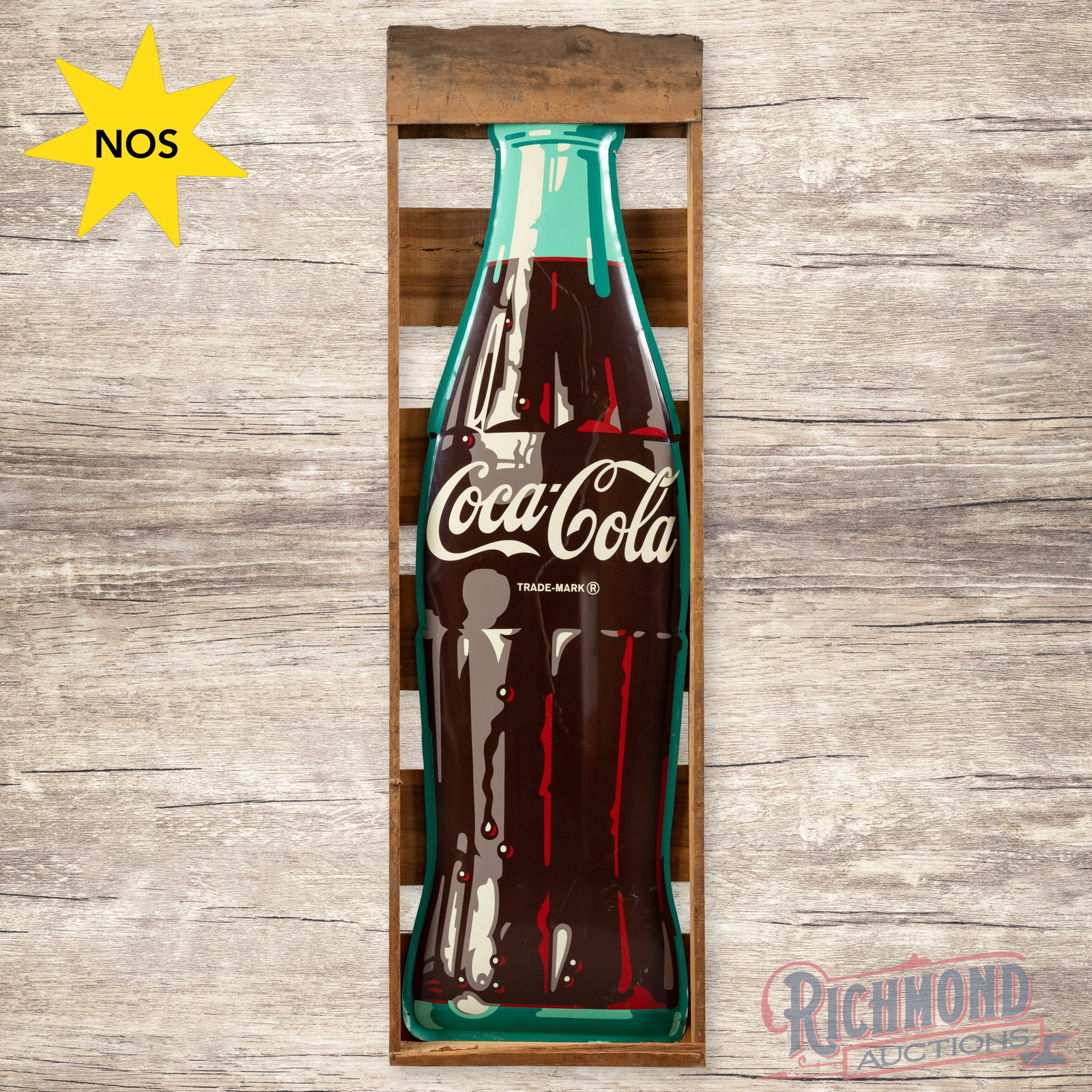 NOS Coca Cola 6' Single Sided Tin Convex Bottle Sign w/ Wooden Shipping Crate: NOS (new old stock) SST (single sided tin) convex die cut bottle sign has excellent color and shine. The display has scuffs in the field with small fine scratches and wear in the lower fields. The per