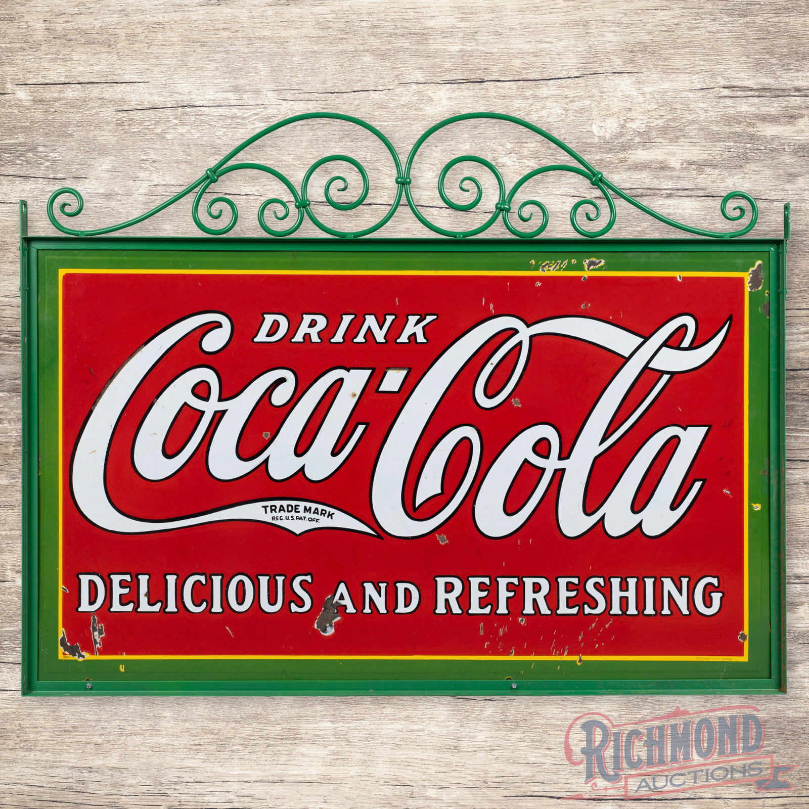 Drink Coca Cola Delicious Refreshing 5' Double Sided Porcelain Sign w/ Frame: 1930s DSP (double sided porcelain) Coke sign with ornate frame has excellent color and gloss. The display has chips in the fields with larger chips and crazing in the outer fields and perimeter. The r