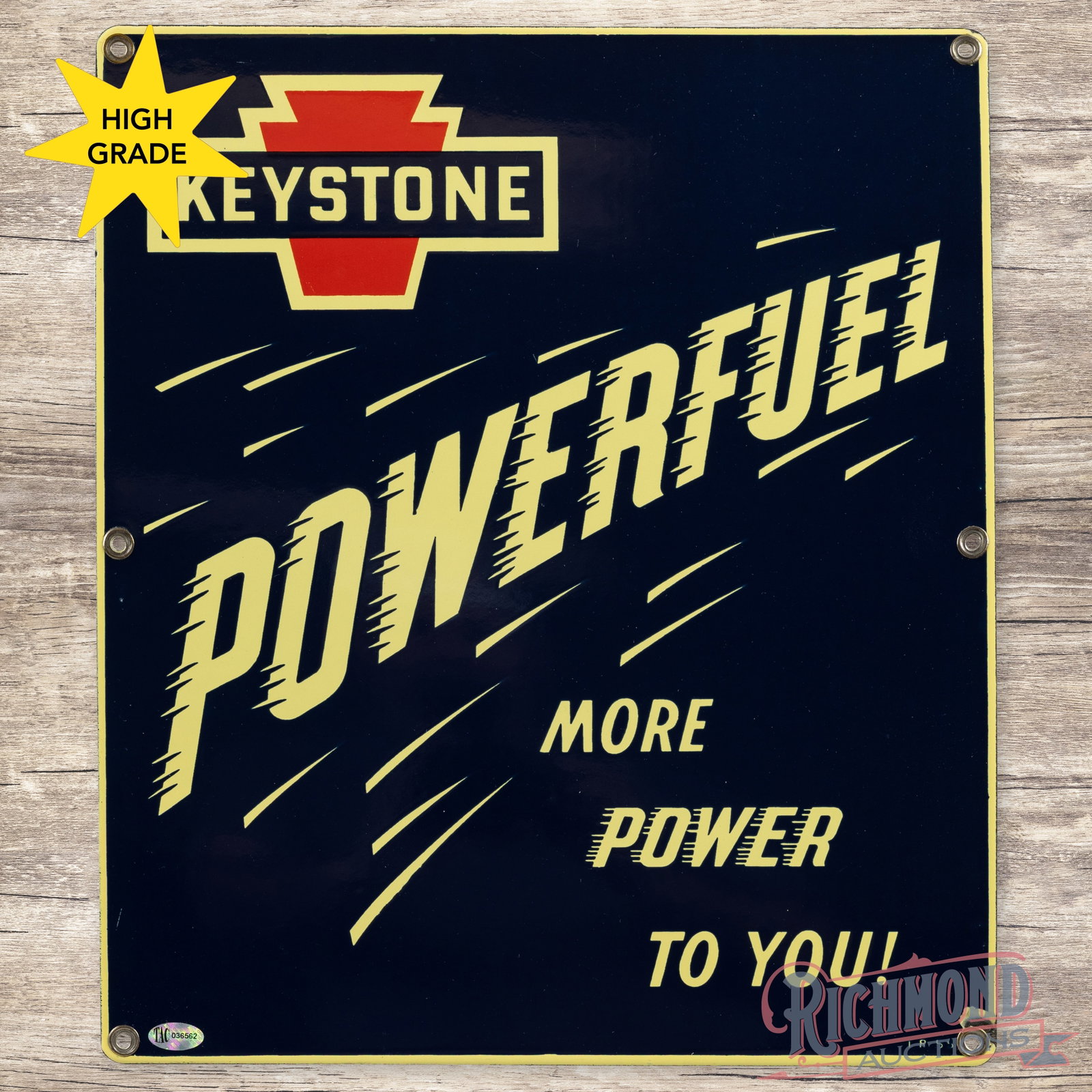 1955 Keystone Powerful Gasoline More Power To You! Single Sided Porcelain Pump Plate Sign w/ Logo: SSP (single sided porcelain) pump plate has excellent color and gloss. The fields are clean. The perimeter has a small chip on the lower right mounting hole. All six grommets are present and the sign 