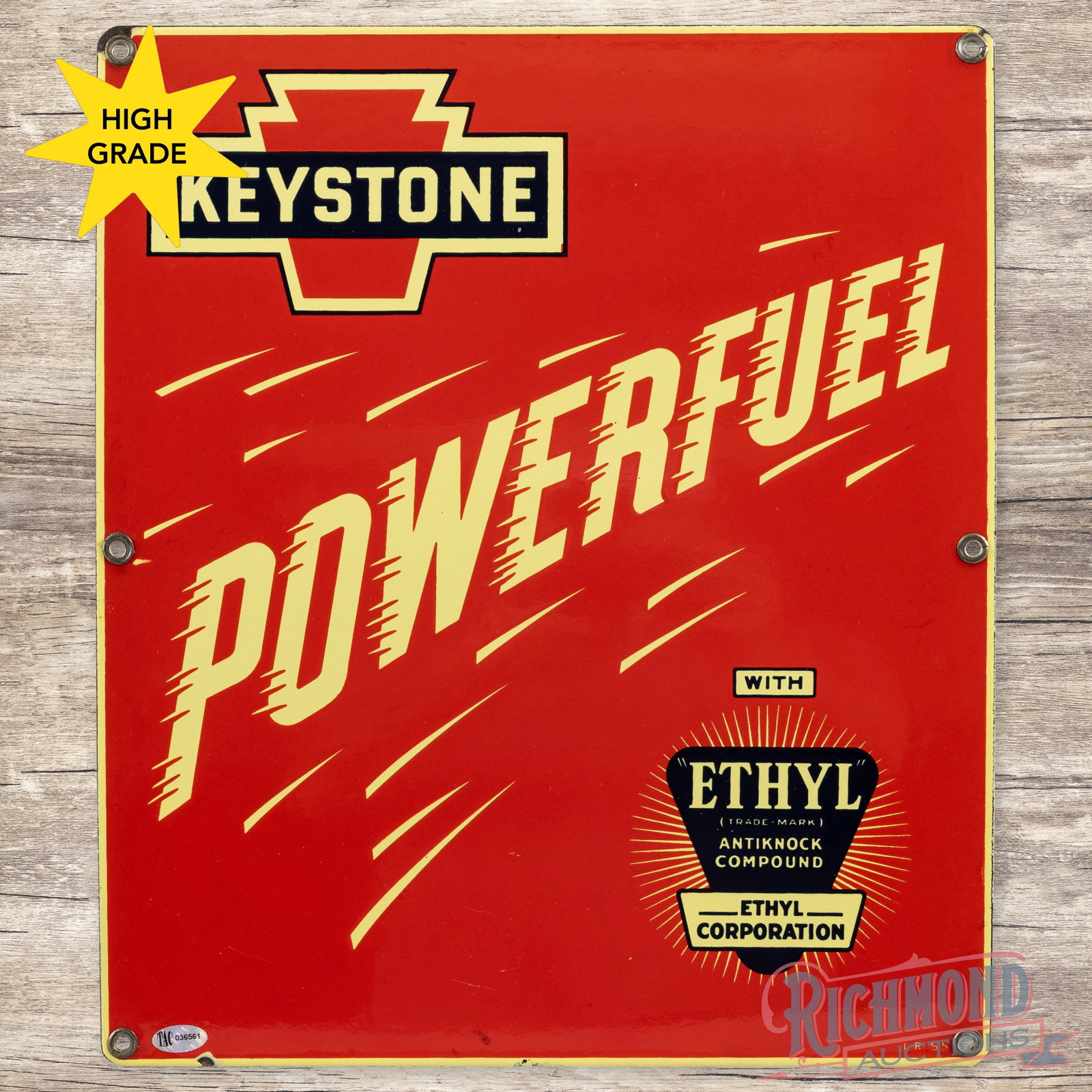 1955 Keystone Powerful Gasoline With Ethyl Single Sided Porcelain Pump Plate Sign w/ Logo: SSP (single sided porcelain) pump plate has excellent color and gloss. The field is clean. The perimeter has light wear with small chips along the outer edges. All six factory grommets are present and