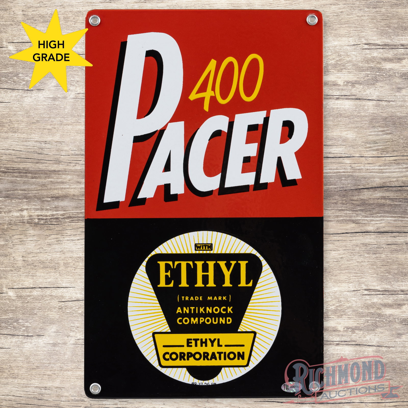 Pacer 400 Ethyl Gasoline Single Sided Porcelain Pump Plate Sign w/ Loog: SSP (single sided porcelain) pump plate has day one color and gloss. The field is clean. The perimeter has a few tiny flea bites along the lower right corner. All four factory grommets are present. Al