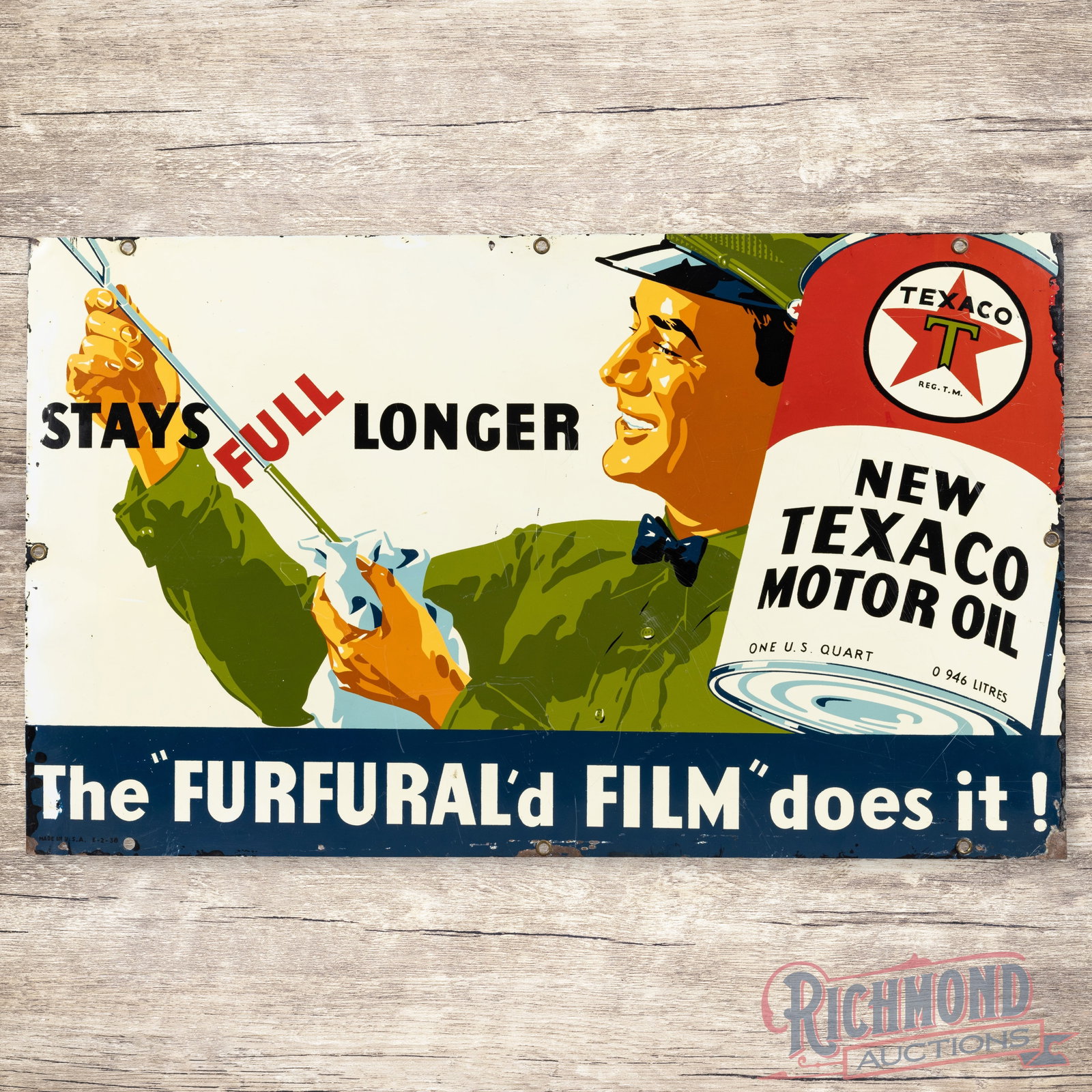 New Texaco Motor Oil The "Furfural'd Film" does it!" Single Sided Tin Sign: SST (single sided tin) sign has excellent color and shine. The display has light wear with fine scratches, toning and faint bends in the left fields. The perimeter has errant paint with edge bends and