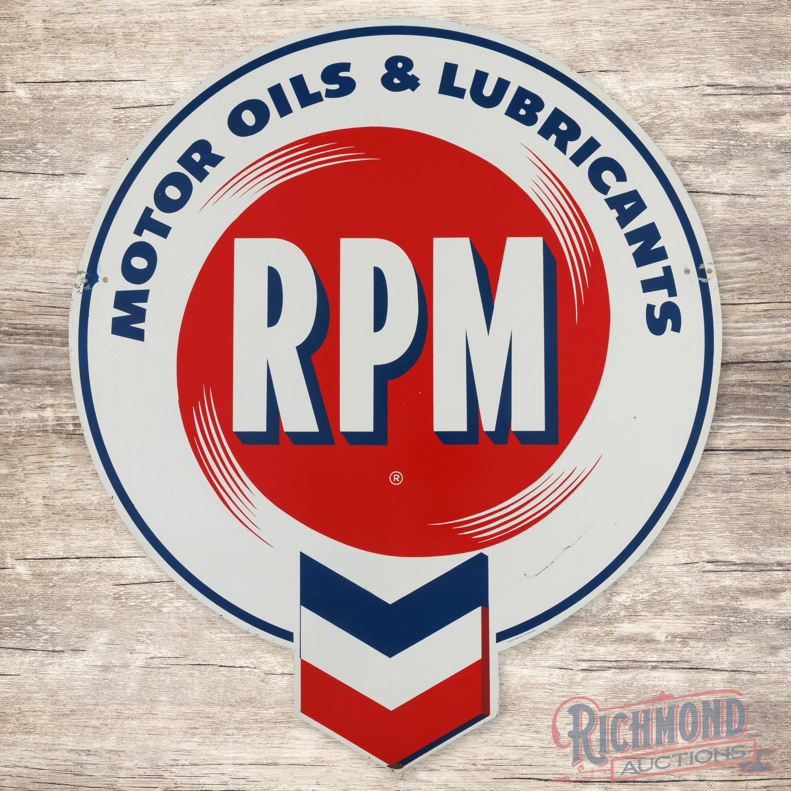 RPM Motor Oils & Lubricants Die Cut 30" Double Sided Tin Sign w/ Hallmark: DST (double sided tin) die cut sign has excellent color and shine. The display has light wear with a tiny paint chip in the field. The perimeter has wear at the mounting holes and a paint chip on the 