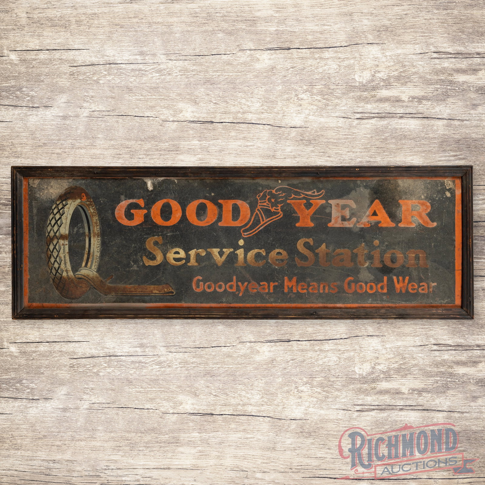 Goodyear Service Station 6' Smaltz Painted Single Sided Tin Sign w/ Early Tire (1 of 3)