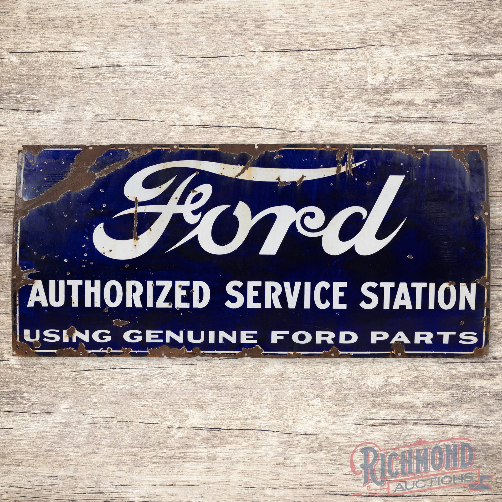 Ford Authorized Service Station Genuine Ford Parts 5' Single Sided Porcelain Sign: SSP (single sided porcelain) sign has good color and gloss. The display has general wear with chips, surface wear and discoloration. The perimeter has larger chips with edge bends and minor metal loss