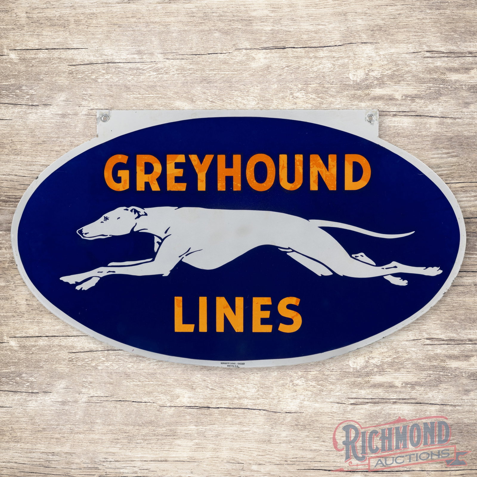 Greyhound Lines Die Cut 36" Double Sided Porcelain Sign w/ Logo: DSP (double sided porcelain) die cut sign has excellent color and gloss. The display has discoloration in the lettering with areas of professional spot restoration in the white and blue porcelain enam
