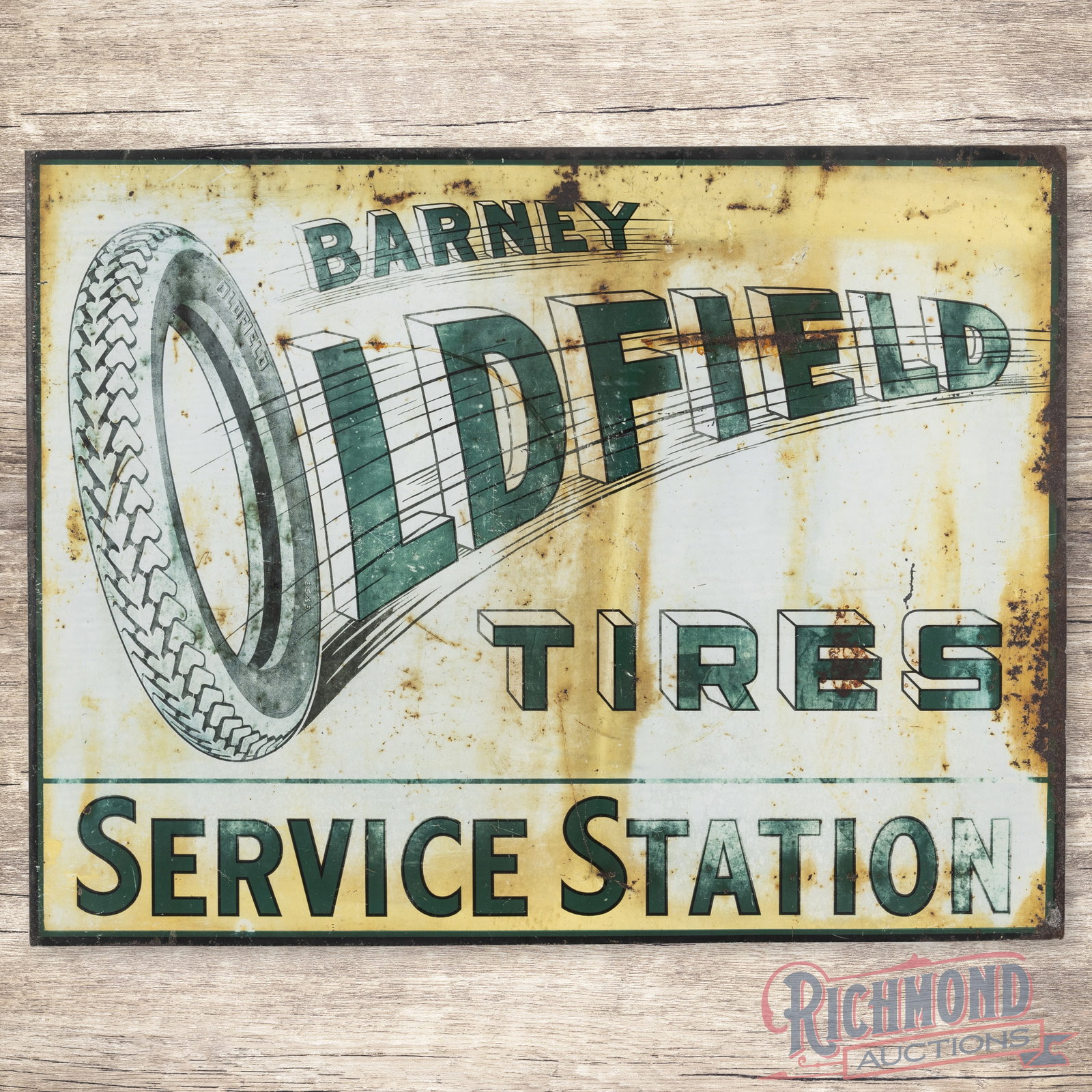 Early Barney Oldfield Tires Service Station Double Sided Tin Flange Sign (1 of 4)