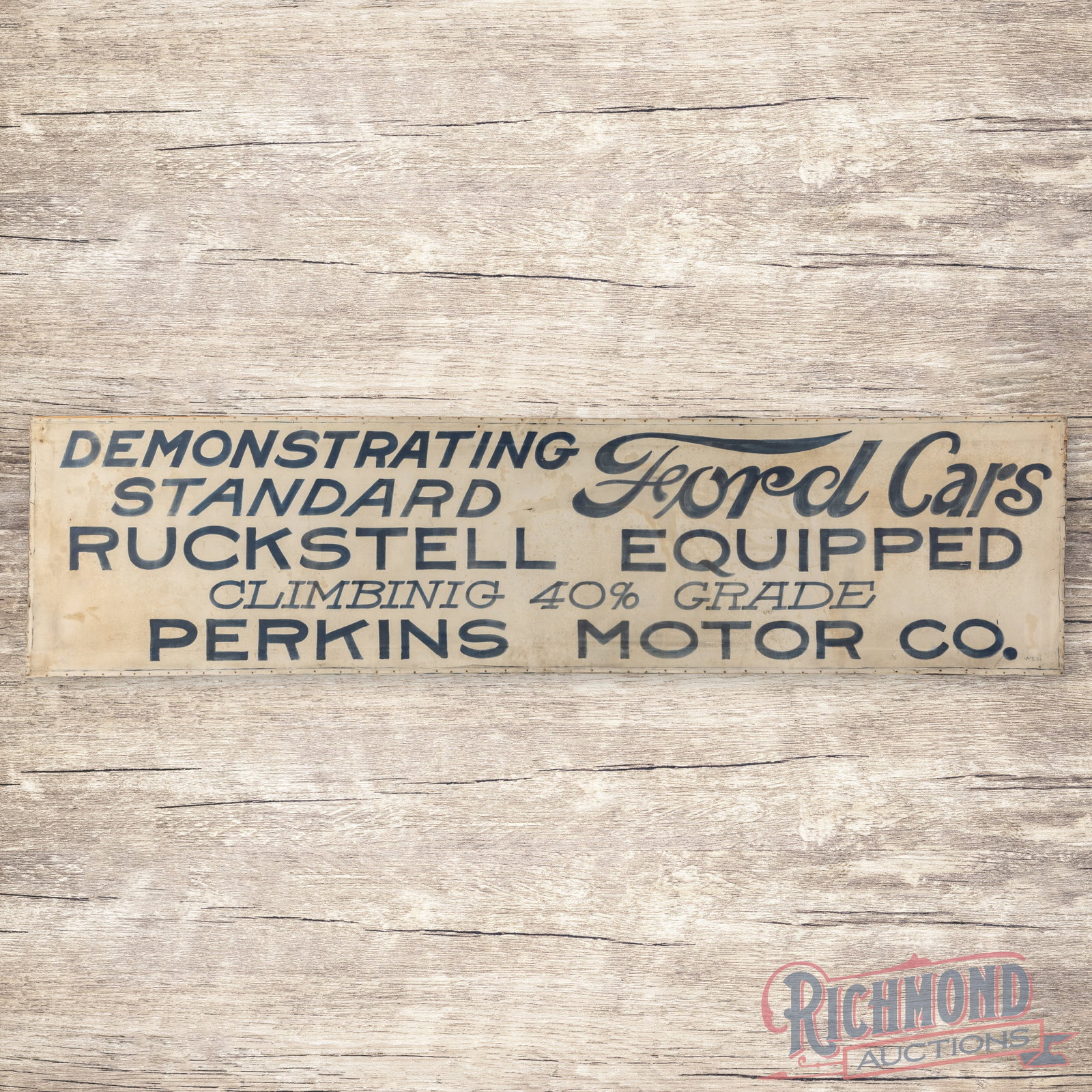 Early Ford Cars Perkins Motor Co. Oregon Cloth Advertising Banner w/ 8" x 11" Photo: Single sided cloth advertising banner with a framed 8" x 11" photo. The banner has good color with general age-related wear throughout. The fields have toning, areas of discoloration and small non-fac