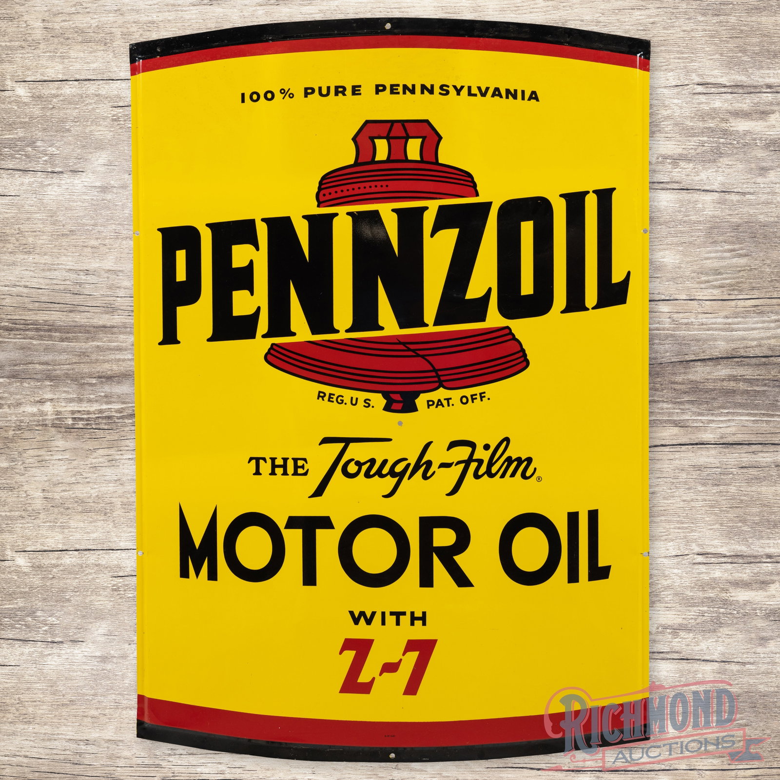 1961 Pennzoil The Tough Film Motor Oil with Z-7 Single Sided Tin Quart Can Shaped Sign: SST (single sided tin) self-framed sign has excellent color and shine. The display is exceptionally clean with a few tiny scuffs in the "Pennzoil" lettering. The perimeter has light wear at the mounti