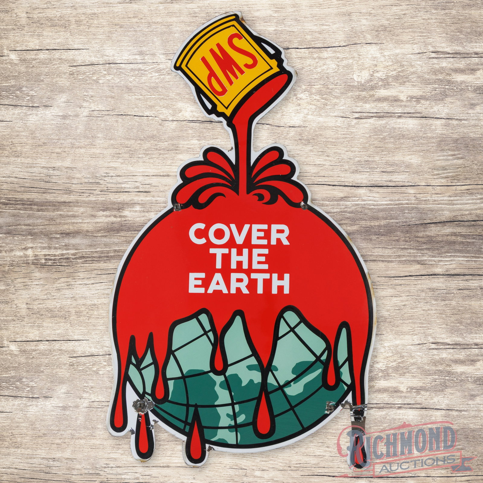 SWP Sherwin Williams Paints "Cover the Earth" Die Cut Single Sided Porcelain Sign w/ Bracket: SSP (single sided porcelain) die cut sign with the original mounting brackets has excellent color and gloss. The field is clean with minor marks in the upper fields. The perimeter has chips at the mou