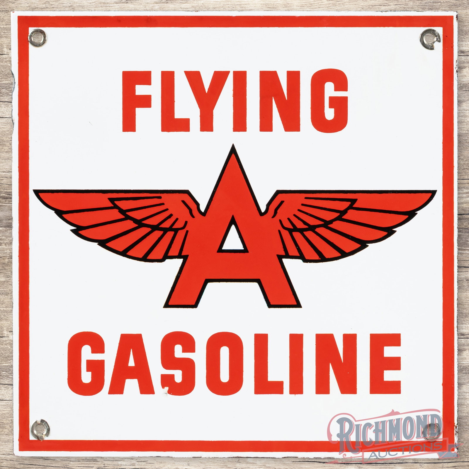 Flying A Gasoline Single Sided Porcelain Pump Plate Sign w/ Logo: SSP (single sided porcelain) pump sign has excellent color and gloss. The field is clean with a tiny chip on the edge of the "S" in Gasoline. The perimeter has light wear with minor loss on the upper 