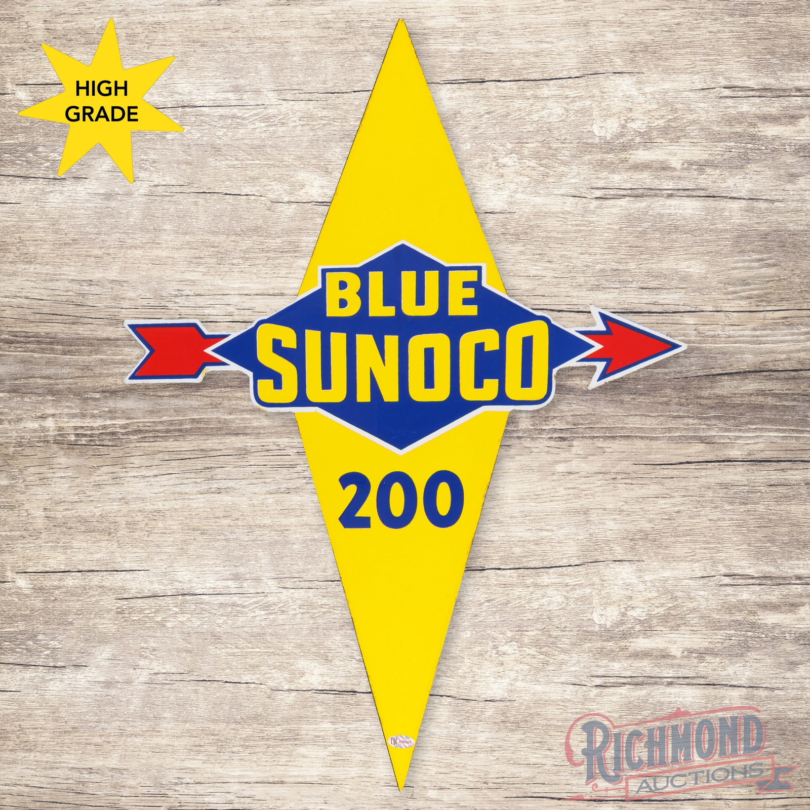 Blue Sunoco 200 Gasoline Die Cut Single Sided Porcelain Pump Plate Sign: SSP (single sided porcelain) die cut pump plate has day one color and gloss. The sign has a clean field and perimeter with minor surface imperfections. The reverse has all four mounting tabs present. 