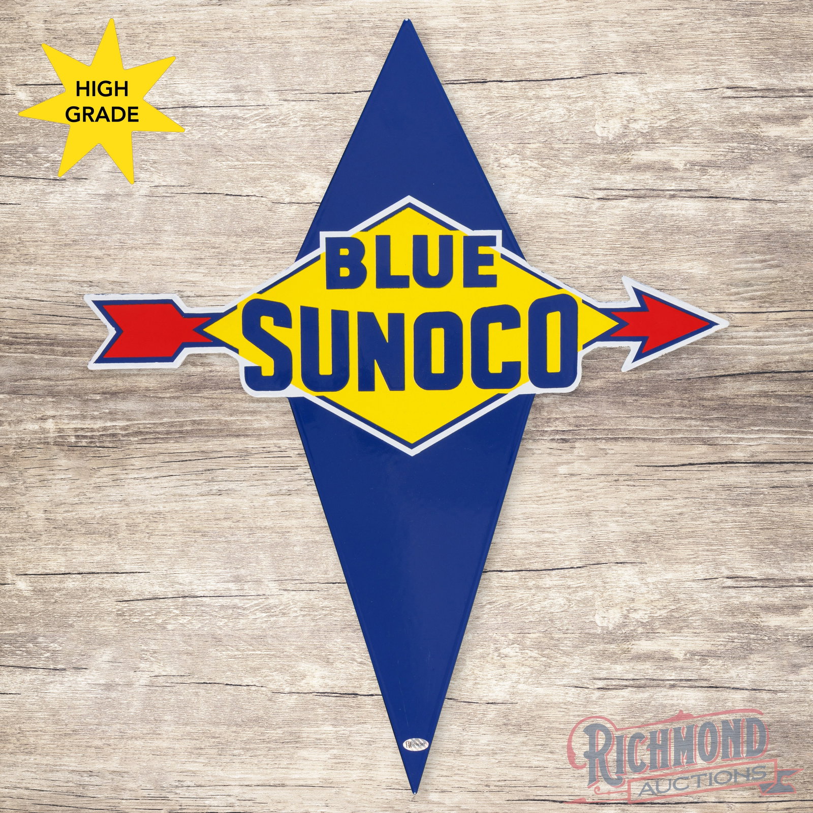 Blue Sunoco Gasoline Die Cut Single Sided Porcelain Pump Plate Sign: SSP (single sided porcelain) die cut pump plate has outstanding color and gloss. The field and perimeter are both extremely clean, showing only a handful of minor fine scratches in the lower outer fie