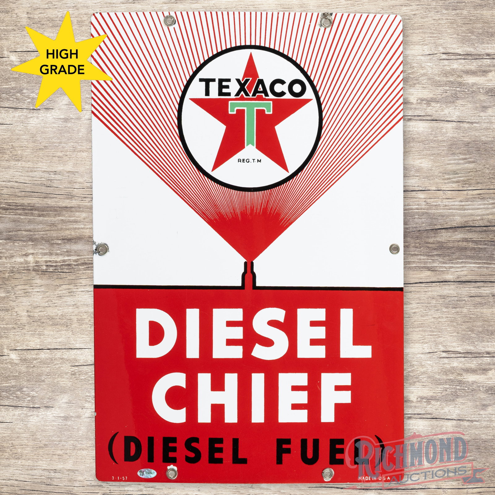 1957 Texaco Diesel Chief Single Sided Porcelain Pump Plate Sign: SSP (single sided porcelain) pump plate has excellent color and gloss. The field is very clean overall with minor surface imperfections. The perimeter has small chips at the mounting holes. All six fa