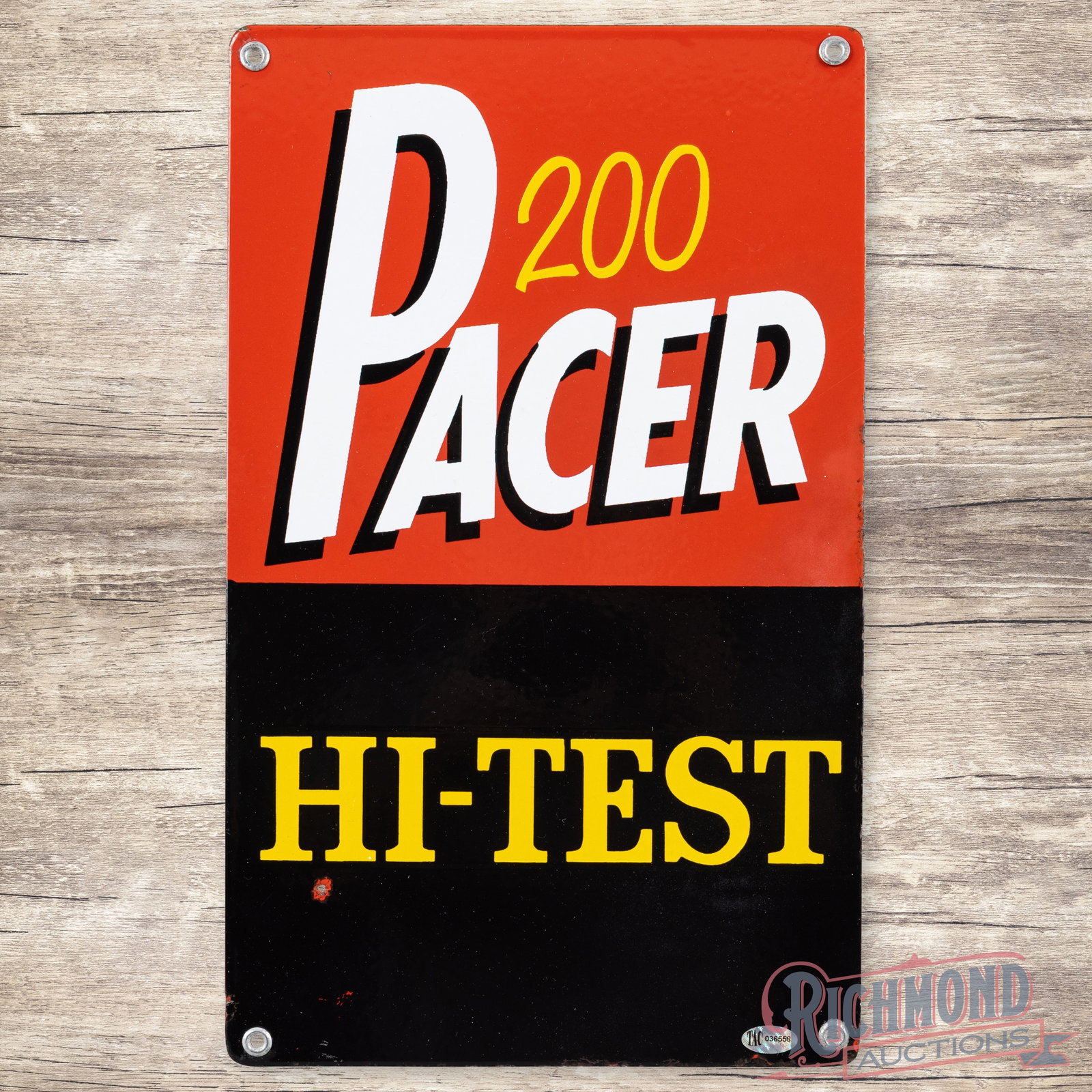 Pacer Hi-Test Gasoline Single Sided Porcelain Pump Plate Sign: SSP (single sided porcelain) pump plate has excellent color and gloss. The field has a small chip below the "H" and faint cloudiness in the right outer field. The perimeter has light wear and tiny chi