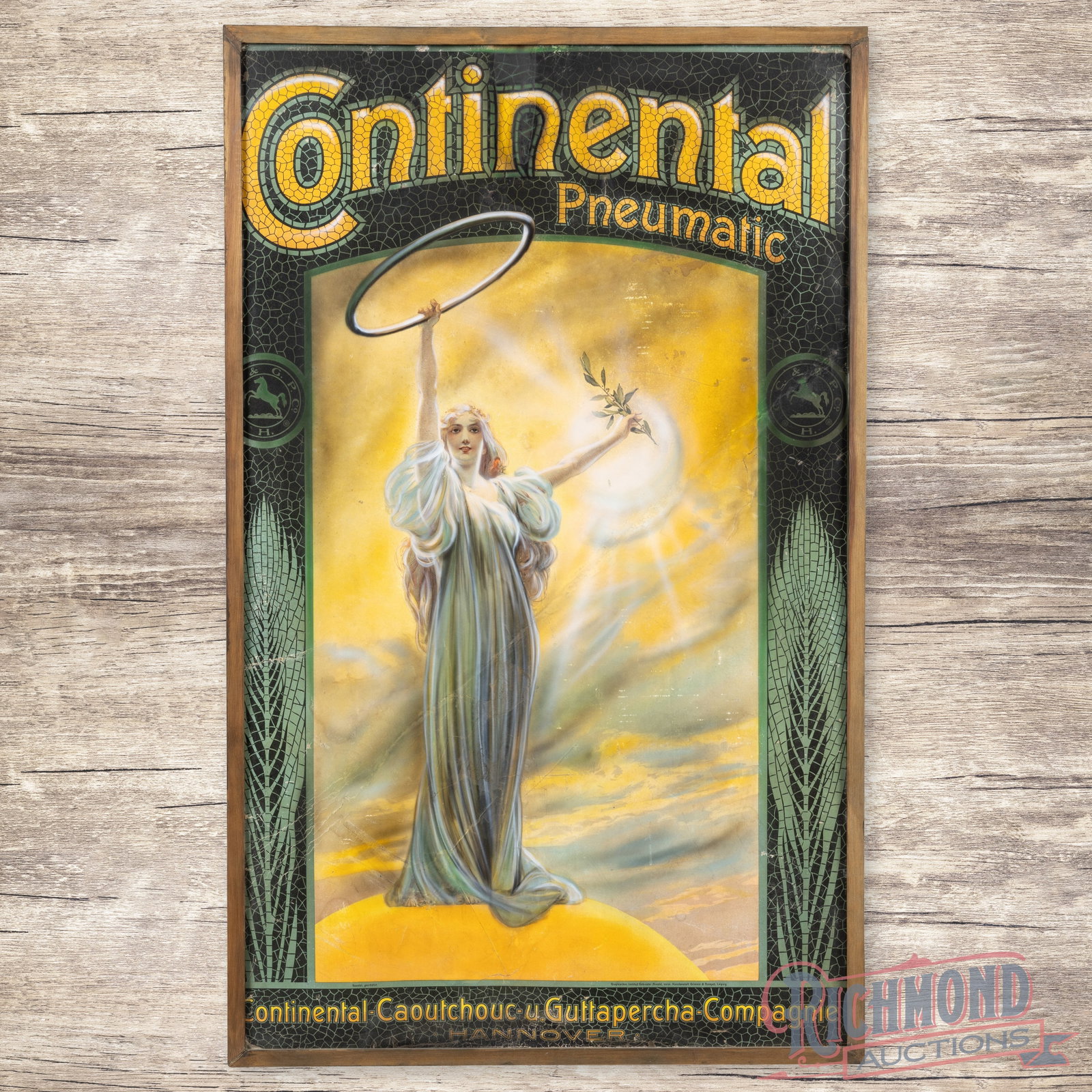Scarce Continental Pneumatic Bicycle Tires SS Cardboard Sign w/ Lady: Single sided cardboard sign with a wooden frame has good color. The display features the striking image of a lady holding a bicycle tire. The display has areas of wear and professional color match. Th