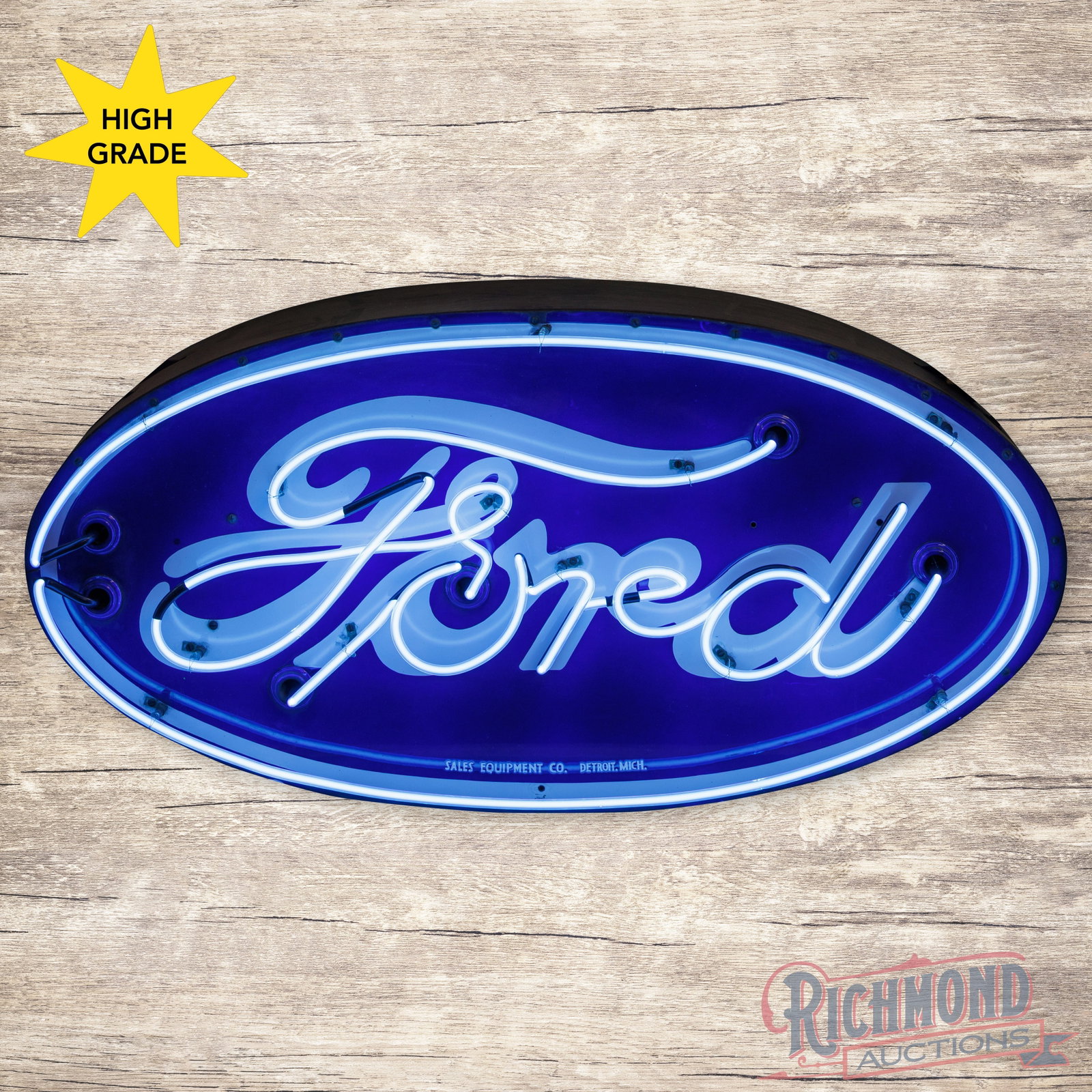 Ford Automobiles 48" Double Sided Porcelain Factory Neon Sign: DSP (double sided porcelain) factory neon sign with the original metal can has day one color and gloss. The display has an exceptionally clean field and perimeter with minor discoloration at some of t