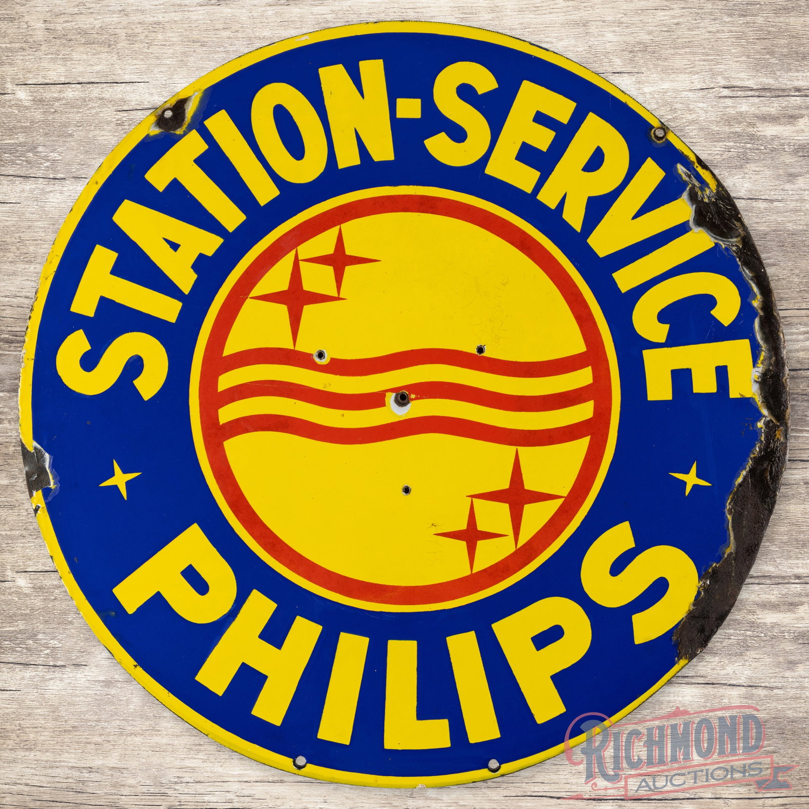 Philips Station Service Double Sided Porcelain: Philips Station Service DSP (double sided porcelain) sign. We believe this sign was a flange at one point in it?s life that may have been cut off. There are four small drill holes in the center of the