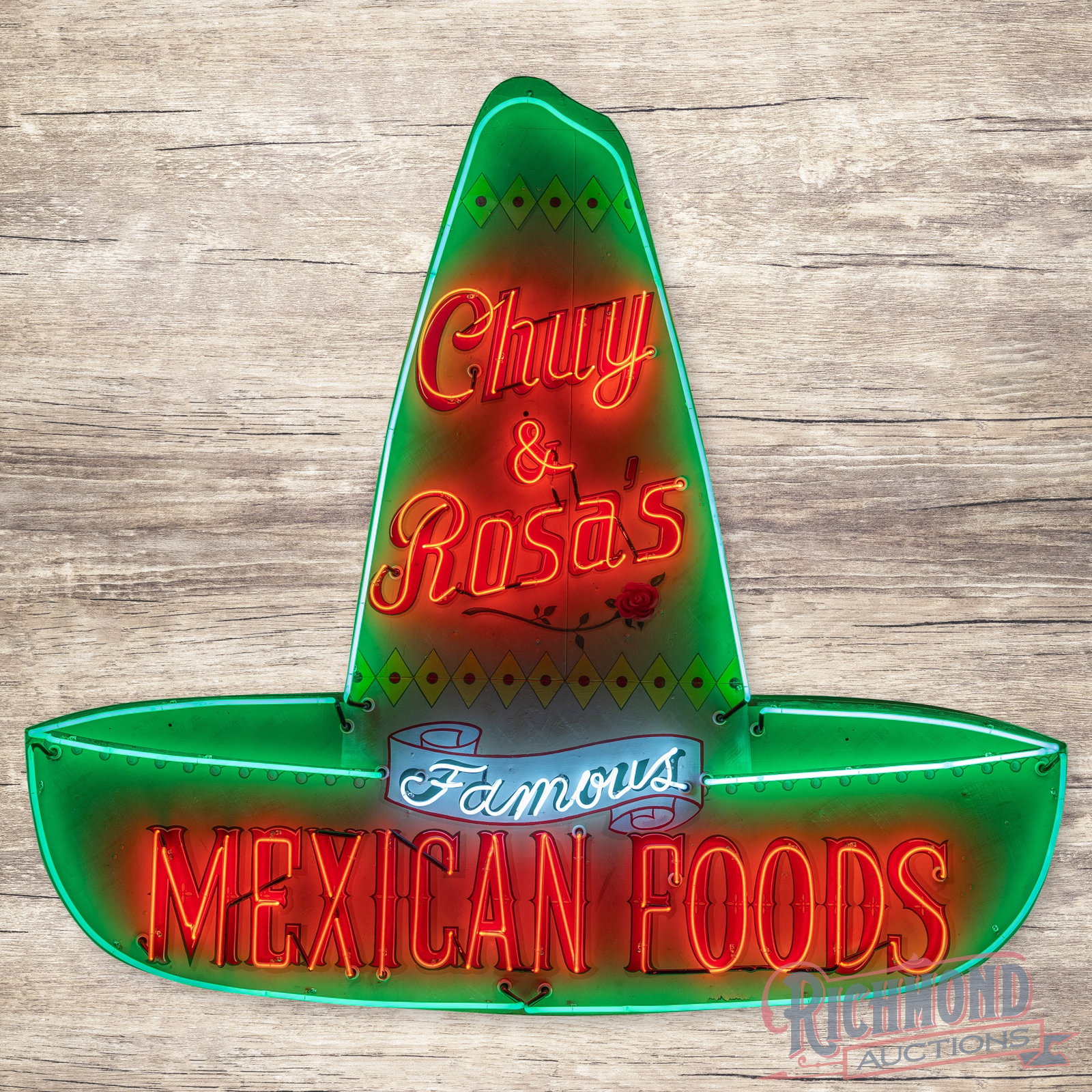 Chuy & Rosa's Famous Mexican Foods Sombrero 9' Single Sided Tin Die Cut Factory Neon Sign: SST (single sided tin) die cut factory neon sign with a metal can has very good color and shine. The sign features a unique Sombrero shape with vibrant three-color neon. The display has surface repain