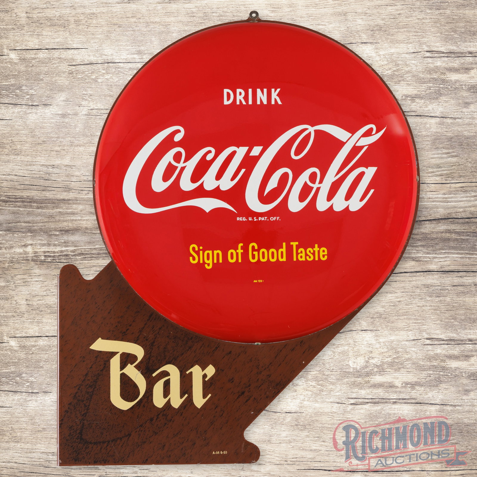 Rare 1950 Drink Coca Cola Tavern Bar Double Sided Tin Button Flange Sign: Outstanding DST (double sided tin) die cut flange with two 16" Coke buttons has excellent color and shine. Side #1 has a clean button with minor perimeter imperfections. The lower flange portion has a