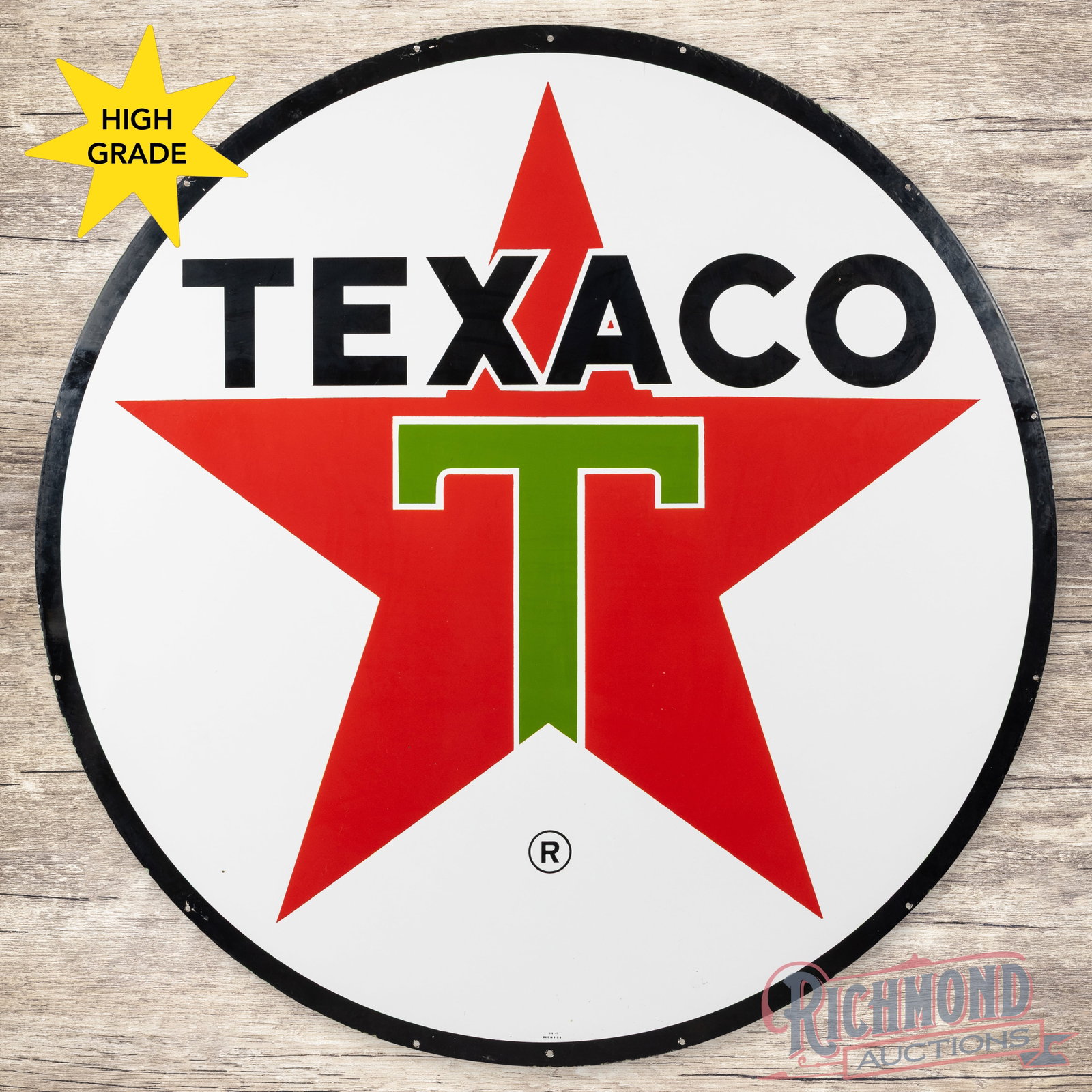 Amazing 1962 Texaco Gasoline 6' Double Sided Porcelain ID Sign: DSP (double sided porcelain) sign has outstanding color and gloss. The display has a clean field and perimeter. The reverse has a clean field with a tiny chip in the left outer field and small chips a