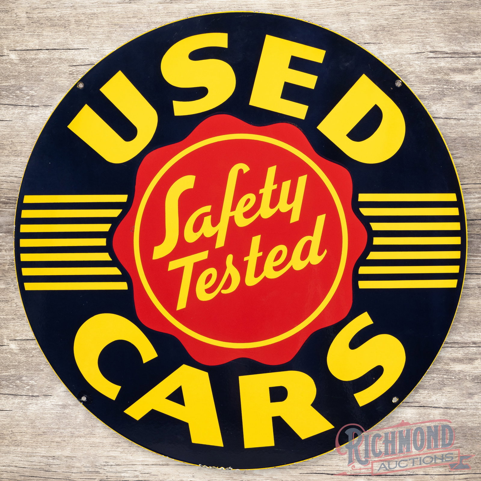 Oldsmobile Safety Tested Used Cars 36" Single Sided Porcelain Sign: SSP (single sided porcelain) sign has excellent color and gloss. The sign features a clean surface with two tiny color-matched chips in the "A" of Safety and another small area on the left side of the