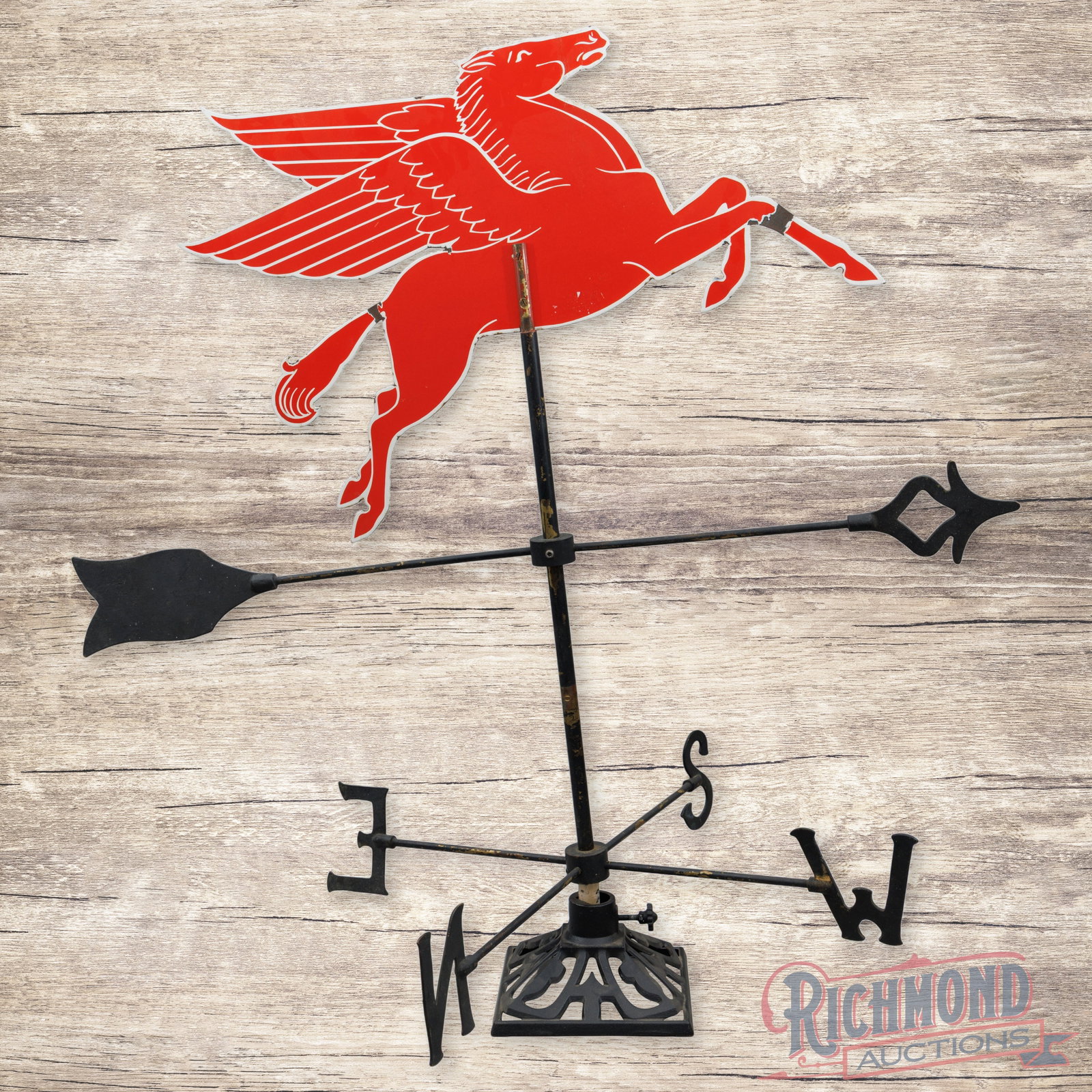 Mobil Pegasus Die Cut Double Sided Porcelain Weathervane Sign Complete: DSP (double sided porcelain) die cut Pegasus sign has excellent color and gloss. The field is clean. The perimeter has chips at the base of the tail, front leg and the outer edges. The arrow and direc
