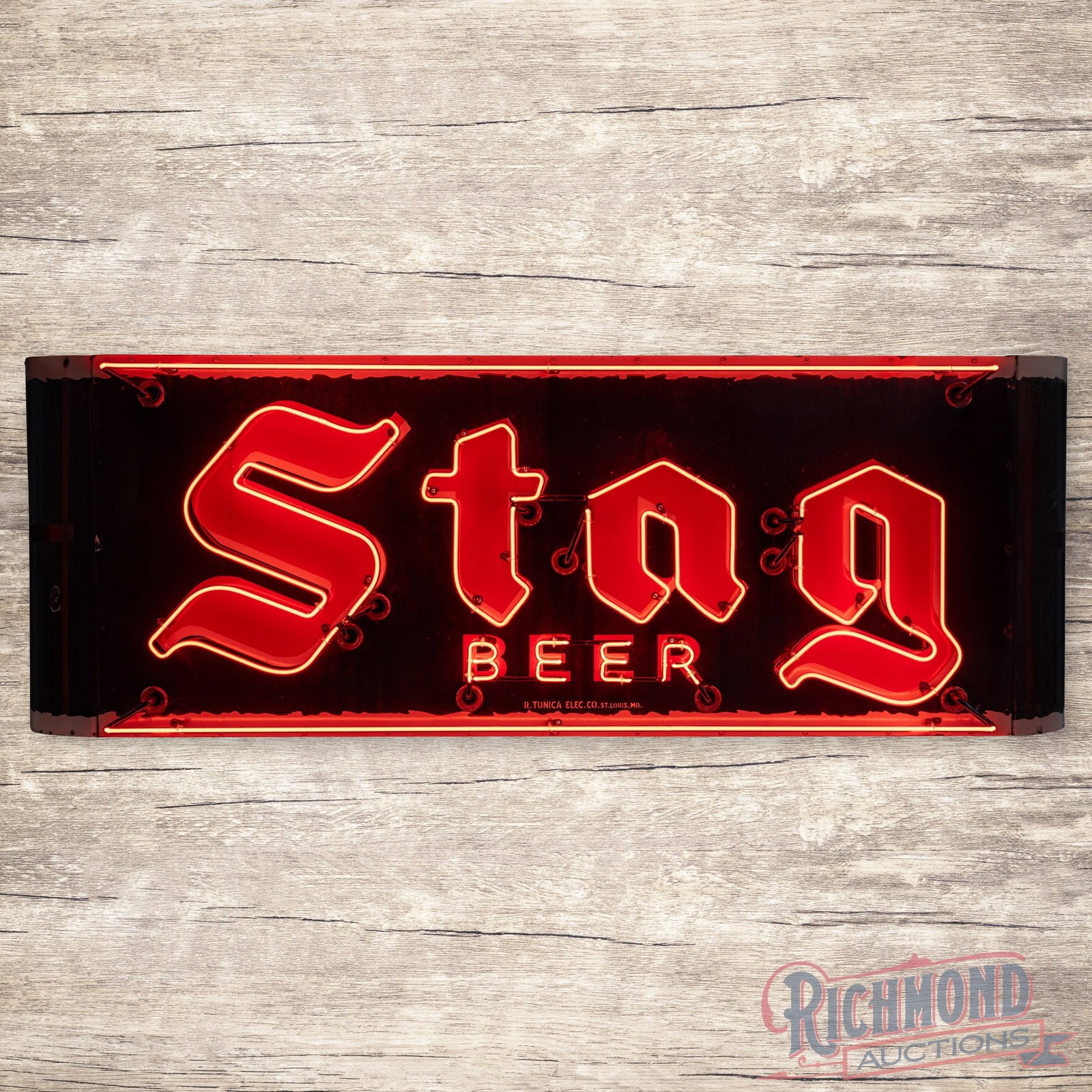 Stag Beer 7' Single Sided Porcelain Factory Neon Sign: SSP (single sided porcelain) factory neon sign with bullnoses and the original metal can has very good color and gloss. The field is clean with faint cloudiness and minor discoloration in the upper fi