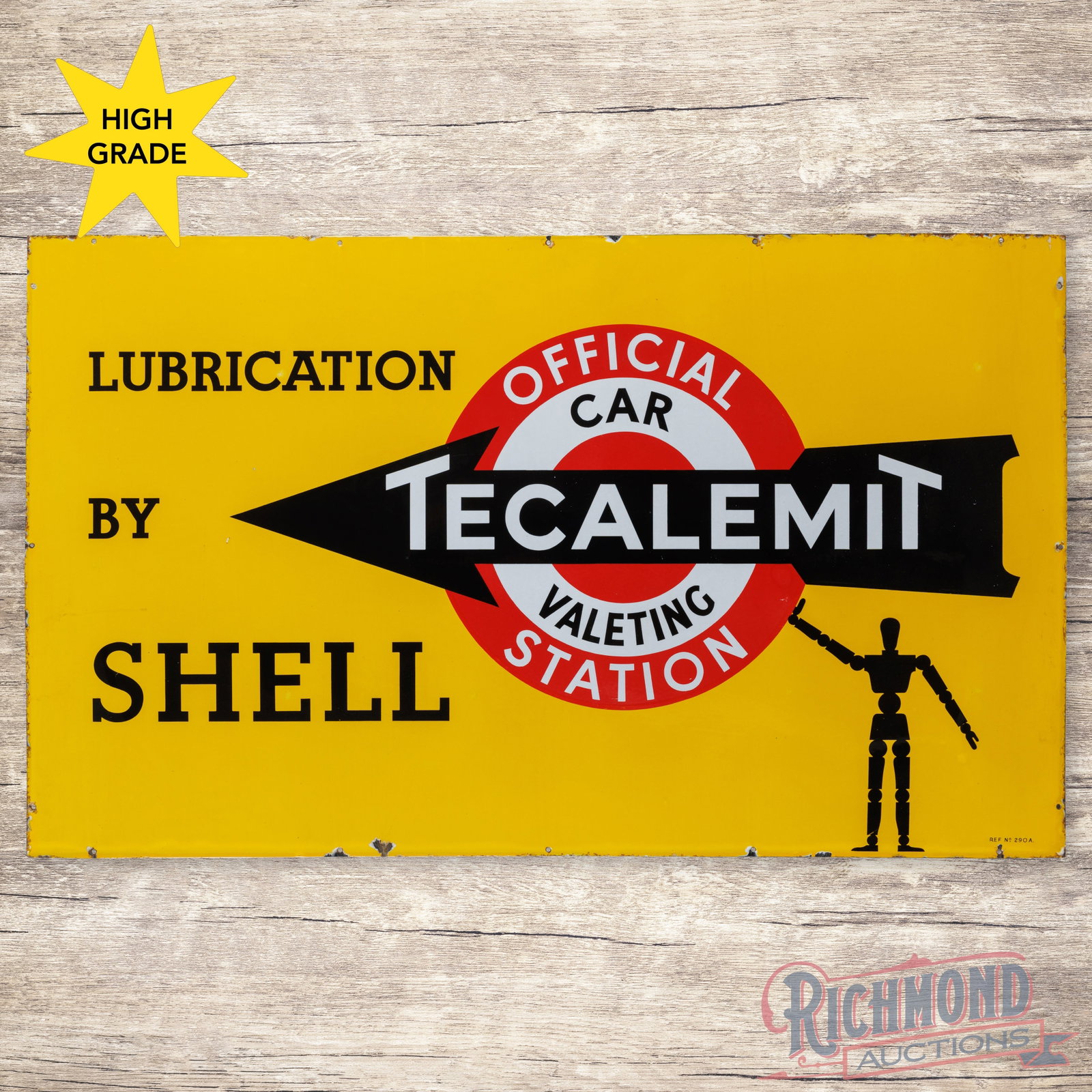 Official Car Tecalemit Station Lubrication by Shell Single Sided Porcelain Sign w/ Bullseye & Arrow: Scarce SSP (single sided porcelain) sign has day one color and gloss. The fields are exceptionally clean with minor factory blemishes in the left field. The perimeter has light wear and small chips al