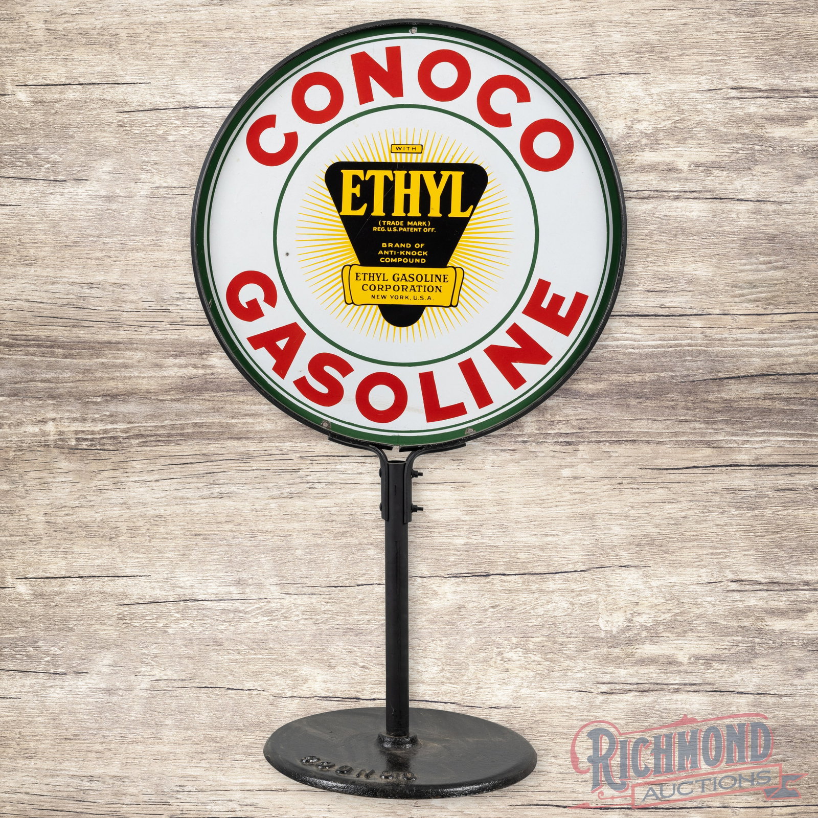 Conoco Ethyl Gasoline 30" Double Sided Porcelain Curb Sign: DSP (double sided porcelain) sign with the factory metal ring and Conoco marked base has excellent color and gloss. The display has light surface wear with a small chip in the left field and crazing i