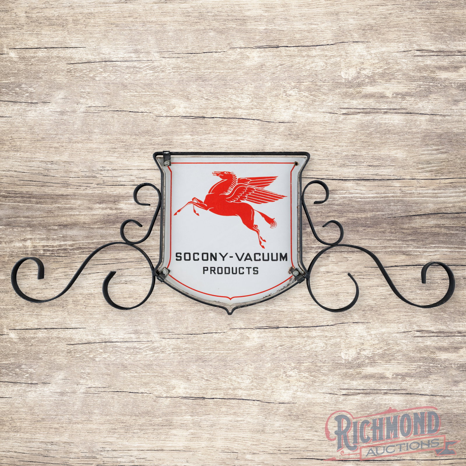 Rare Socony Vacuum Products 10.5" Double Sided Porcelain Shield Sign w/ Pegasus & Ornate Hanger: DSP (double sided porcelain) die cut sign with an ornate metal frame has good color and gloss. Side #1 has a clean field with faint cloudiness. The perimeter has small chips at some of the mounting ho