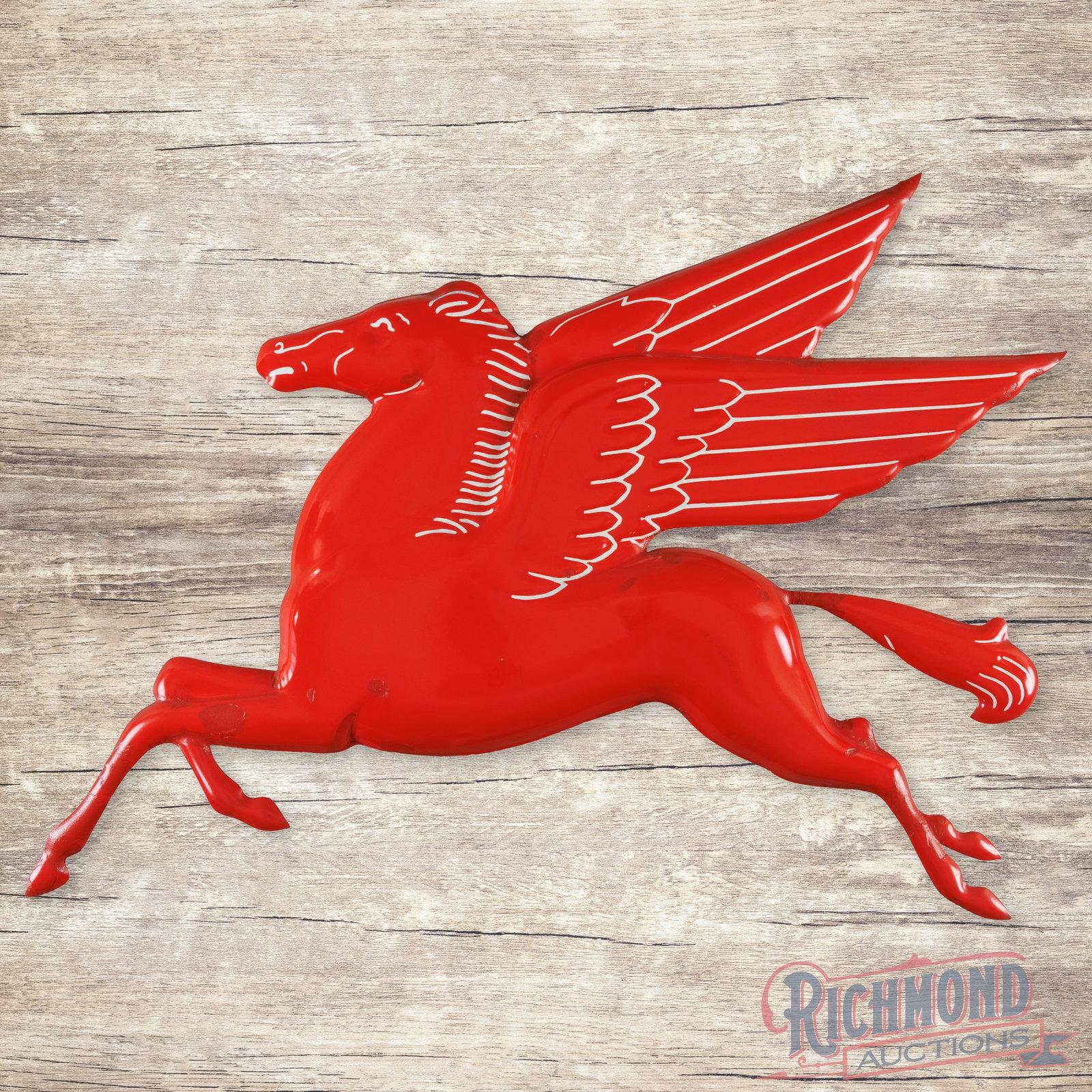 Mobil Pegasus Emb. Single Sided Porcelain Pegasus Sign 54": SSP (single sided porcelain) embossed die cut sign has very good color and gloss. The field exhibits light wear with color matched chips. The perimeter has larger areas of color match with minor bends