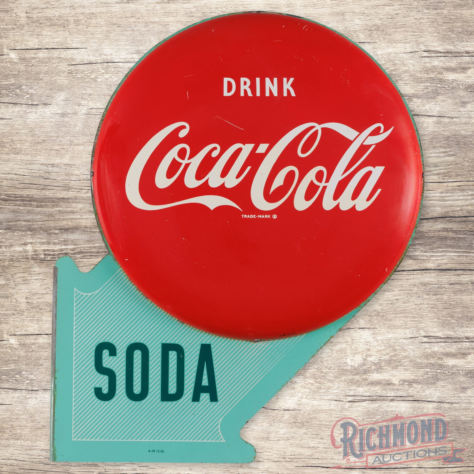 1950 Drink Coca Cola "Soda" Double Sided Tin Button Flange Sign: DST (double sided tin) Coke "Soda" flange with two 16" button signs has very good color and shine. The button on side #1 has scratches with light wear and discoloration along the edges. The "Soda" por