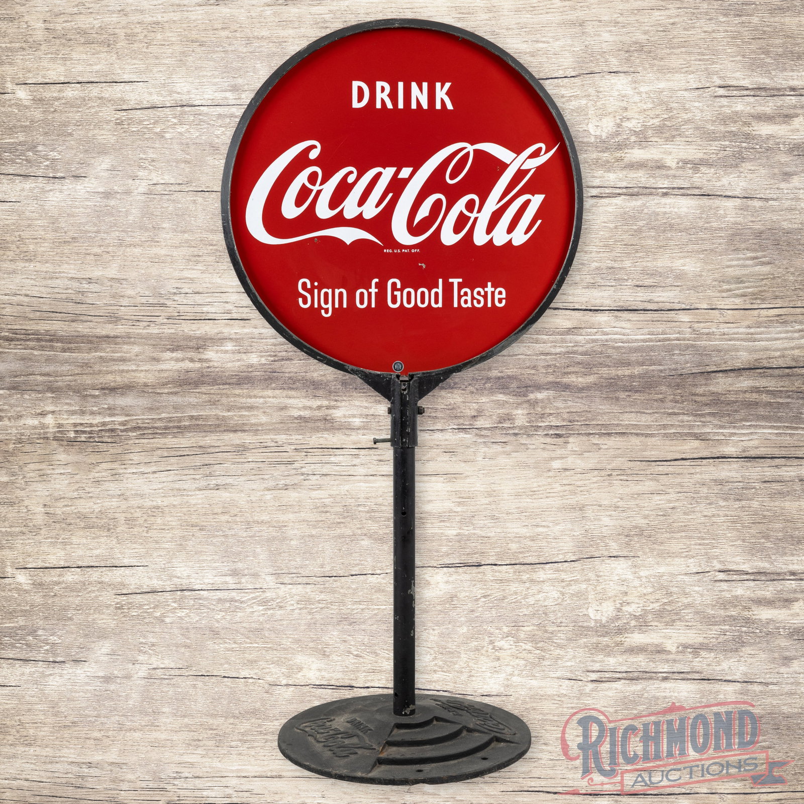 Drink Coca Cola "Sign of Good Taste" 30" Double Sided Porcelain Curb Sign: DSP (double sided porcelain) Coke sign with the original ring and marked base has excellent color and gloss. The display has small chips in the field with other minor chips along the outer edges. The 