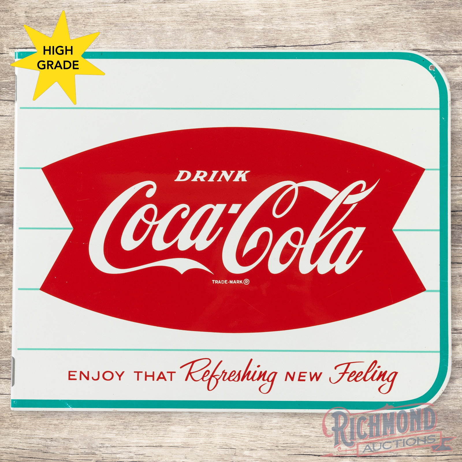 Drink Coca Cola "Enjoy that Refreshing New Feeling" Double Sided Tin Flange Sign: DST (double sided tin) flange has excellent color and shine. The display is exceptionally clean with minor surface imperfections. The reverse has a small scratch above the "C" in Coca with other small