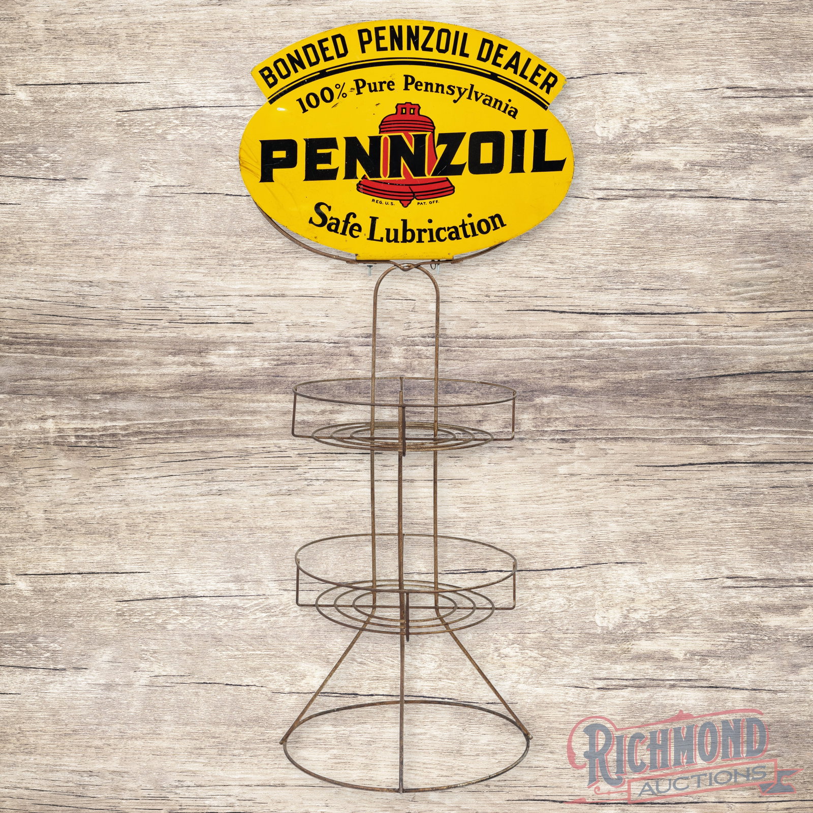 1939 Pennzoil Safe Lubrication Double Sided Tin Quart Motor Oil Can Rack Display: DST (double sided tin) sign with a metal quart can display rack has very good color. The sign has light wear with marks on the display size. The reverse has additional wear with marks, surface rubs an