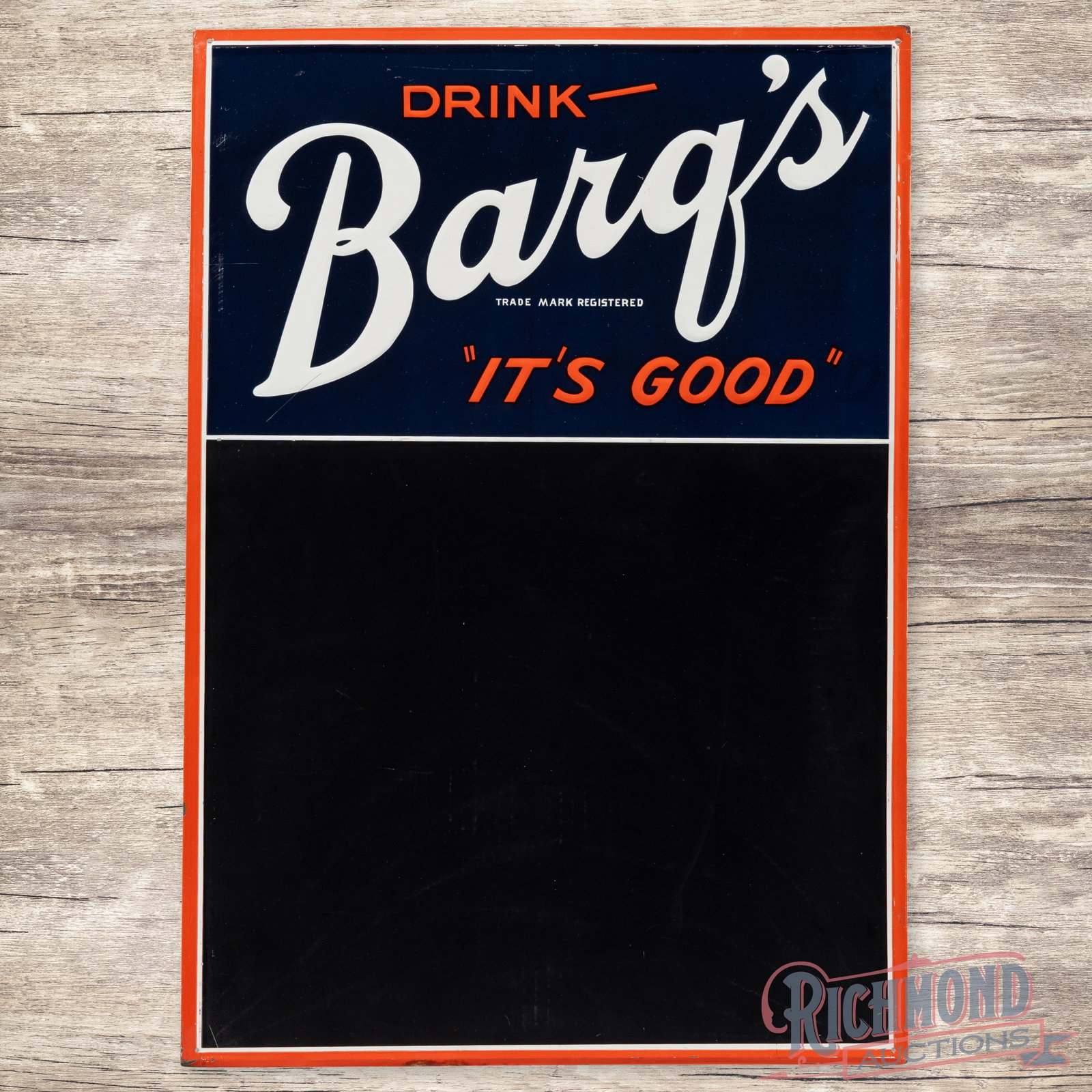 Drink Barq's Root Beer "It's Good" Emb. Single Sided Tin Menu Board Sign: SST (single sided tin) embossed self-framed menu board sign has excellent color and shine. The display has a clean field with fine scratches in the left and outer fields. The perimeter has light wear 