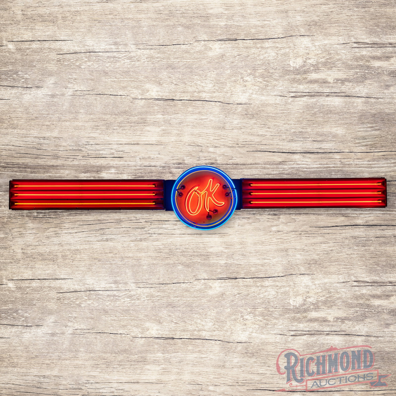 Amazing 12' Chevrolet OK Single Sided Porcelain Factory Neon Sign w/ Channel: SSP (single sided porcelain) multipiece factory neon sign has good color and gloss. The sign features three-color neon with the iconic "OK" logo in the center field. The OK portion has good color with