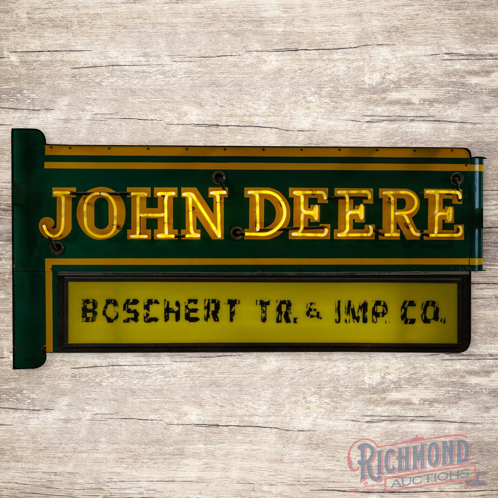 John Deere Boschert Tractor & Implement Co. 6' Double Sided Porcelain Factory Neon Sign: DSP (double sided porcelain) factory neon sign with internally lighted panels and the original metal can has excellent color and gloss. The display features original green porcelain enamel and the yel