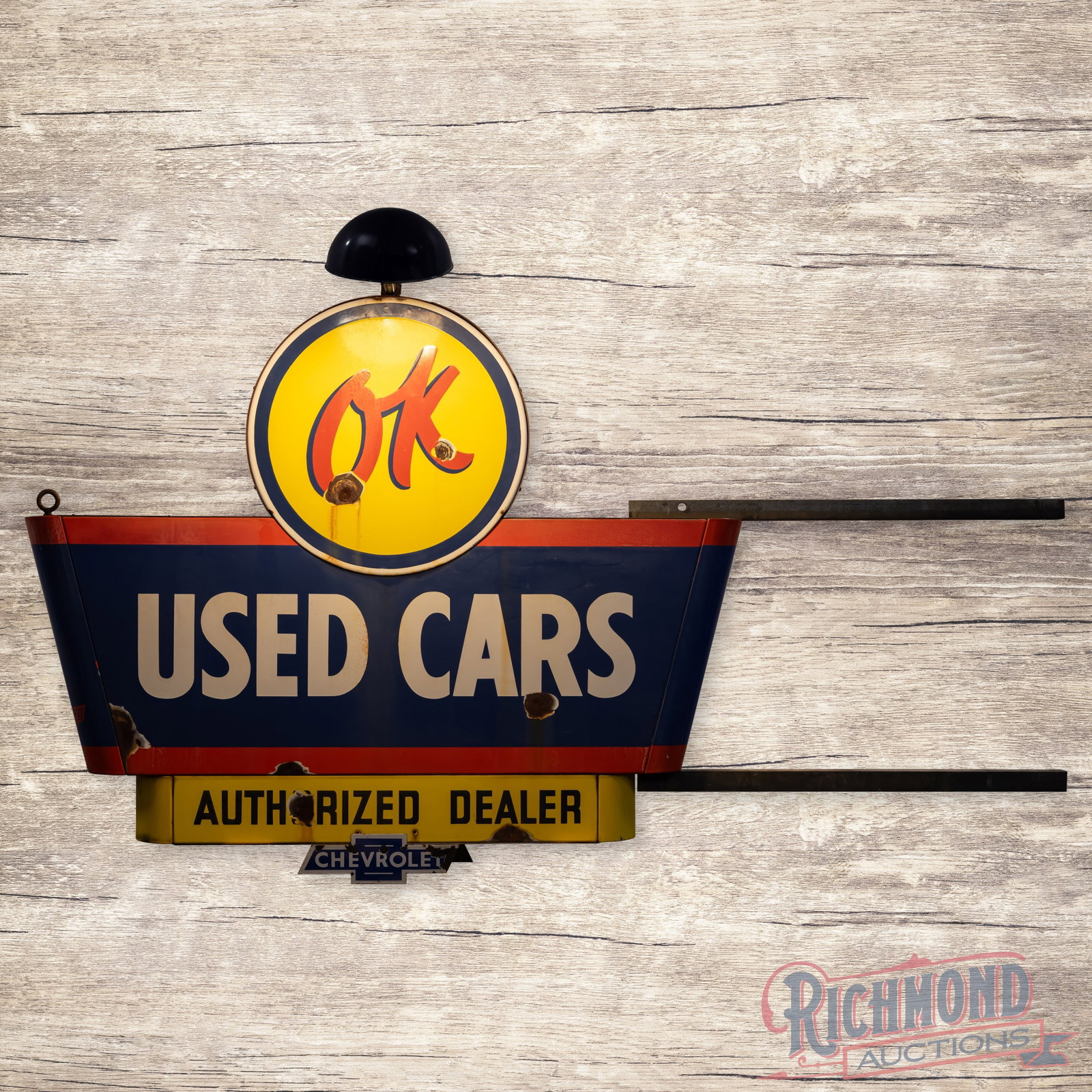 Chevrolet OK Used Cars Authorized Dealer 4' Multi-piece Double Sided Porcelain Sign & Lighted Shades: DSP (double sided porcelain) multi-piece sign with porcelain lighted shades has good color. The display has chips in the fields with areas of discoloration and lower gloss. The reverse has additional 