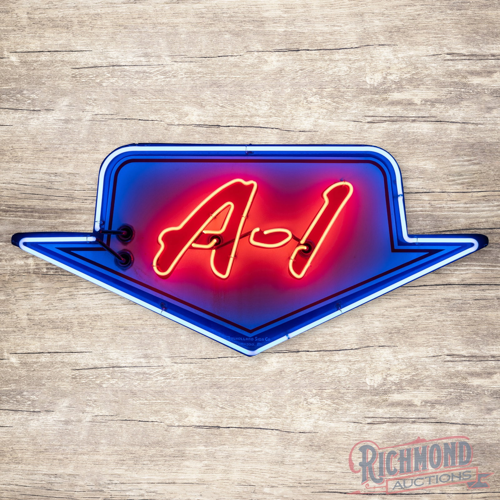 Ford A-1 Used Cars 4.5' Double Sided Porcelain Factory Neon Sign: DSP (double sided porcelain) die cut factory neon sign with the original metal can and pole mount has good color and gloss. The sign features vivid two-color neon with flashing "A-1" lettering. The di