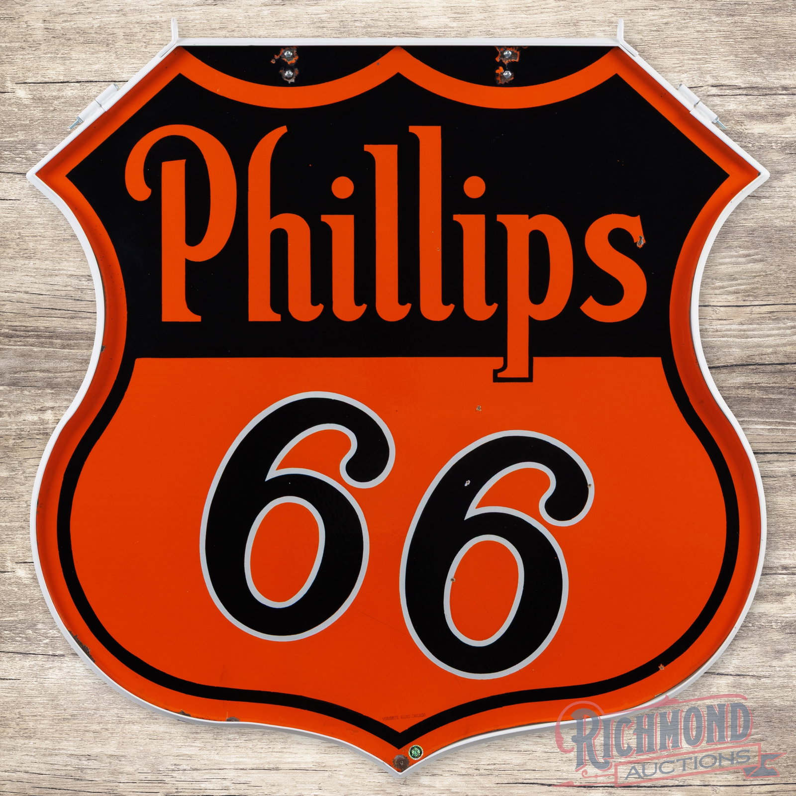 Rare Phillips 66 Gasoline Motor Oils 48" Double Sided Porcelain Sign w/ Ring "White Outlined 66": DSP (double sided porcelain) die cut sign with a metal ring has excellent color and gloss. The display has small chips in the field with additional chips at the upper mounting holes and edges. The rev