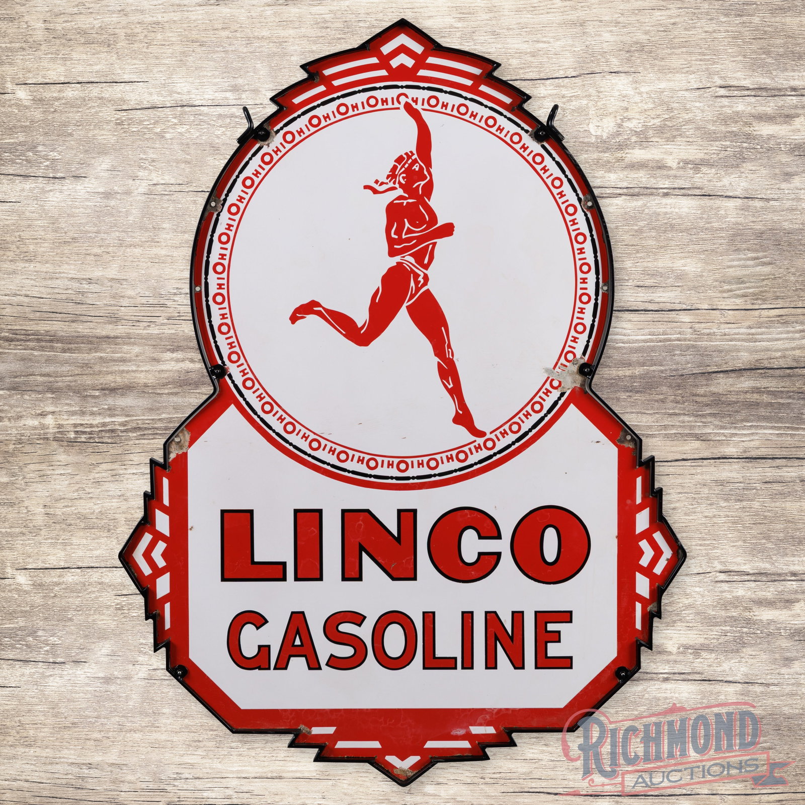 Rare Linco Gasoline Die Cut 5' Double Sided Porcelain Sign w/ Ring "Running Man": DSP (double sided porcelain) die cut sign with a metal ring has good color and gloss. The display has light wear with a few tiny chips in the fields and faint cloudiness throughout. The perimeter has 