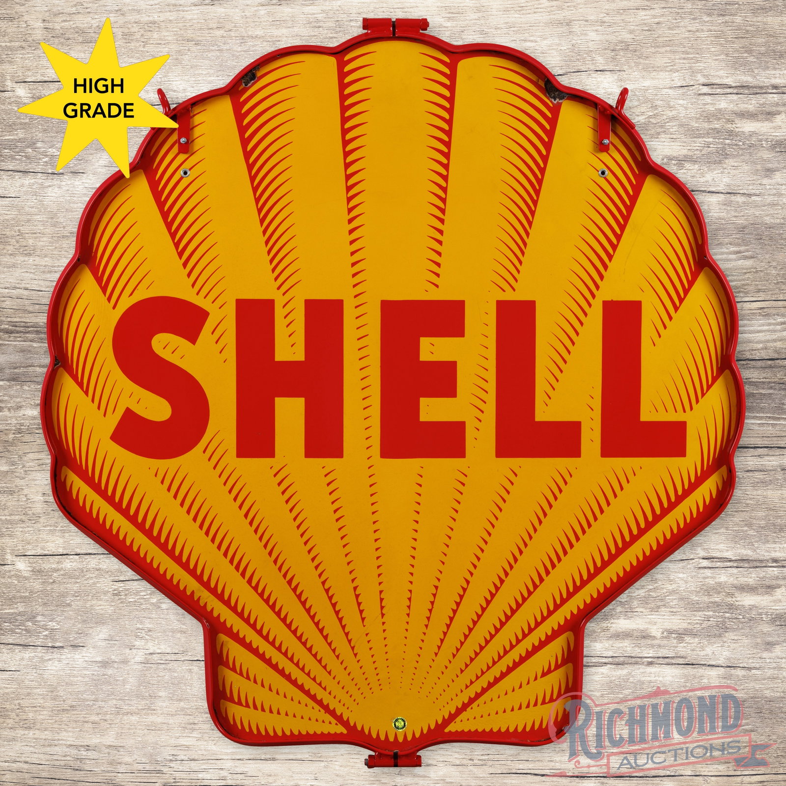 Shell Gasoline "Shark Tooth" 48" Double Sided Porcelain Sign w/ Ring: DSP (double sided porcelain) die cut sign with a metal ring has excellent color and gloss. Side #1 has a clean field with minor marks and chips along the outer edges. The reverse is in a similar condi